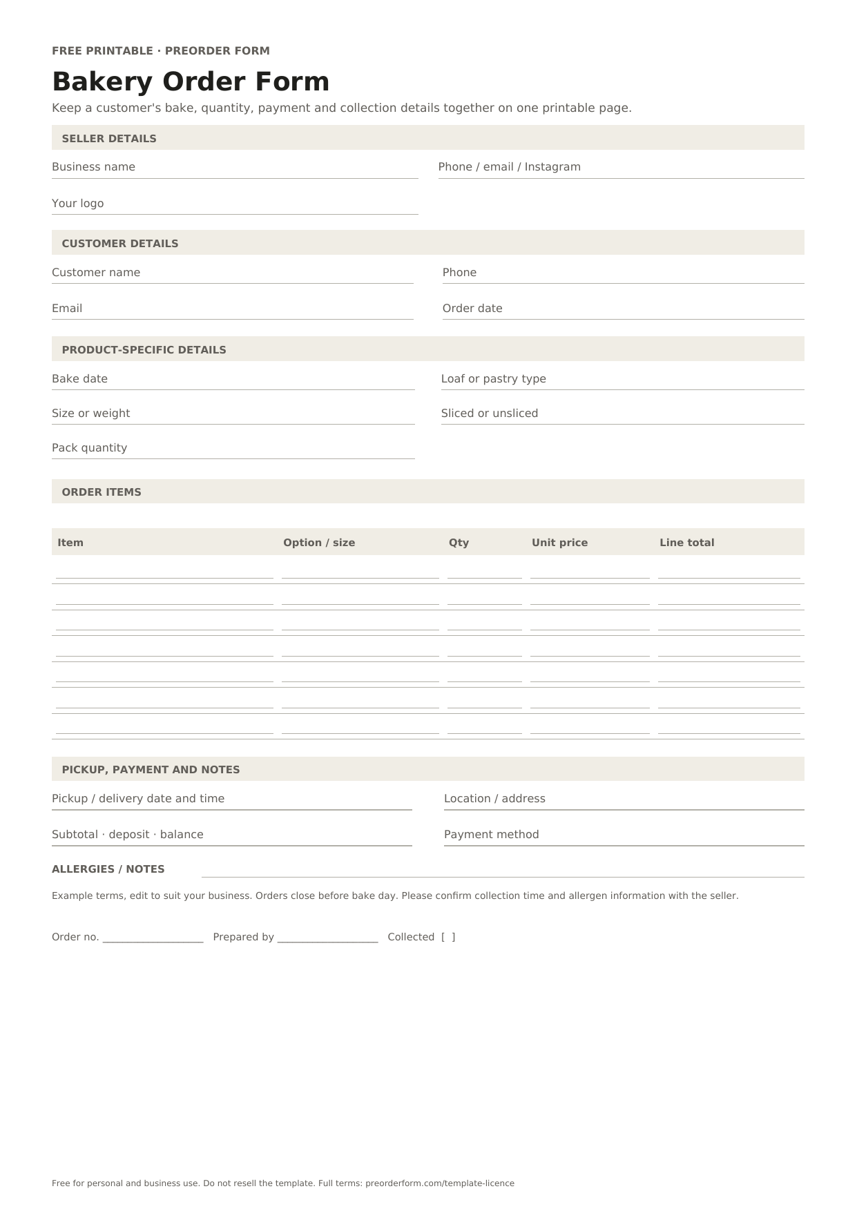 First-page preview of the free printable bakery order form template, including bake date, loaf or pastry type, size or weight and order details.