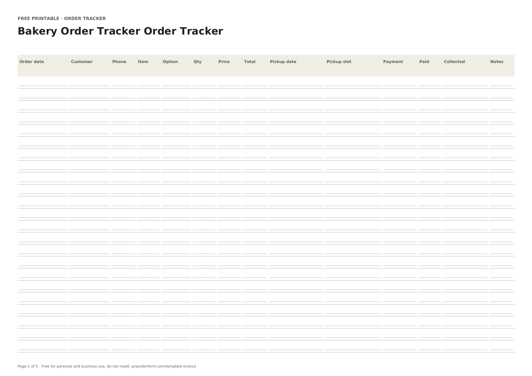 First-page preview of the free printable bakery order tracker spreadsheet, including order date, customer name, phone and order details.