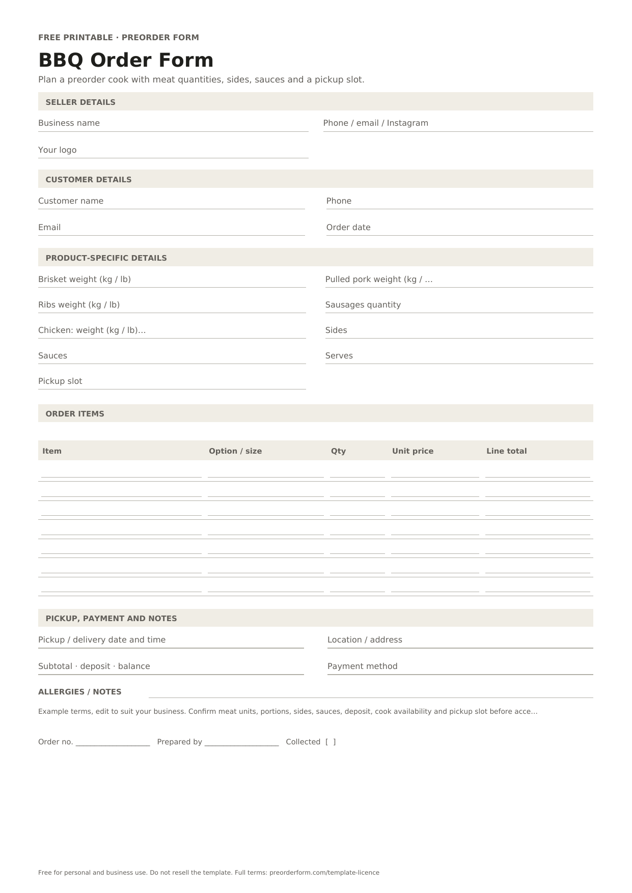 First-page preview of the free printable BBQ order form, including brisket weight (kg / lb), pulled pork weight (kg / lb), ribs weight (kg / lb) and order details.