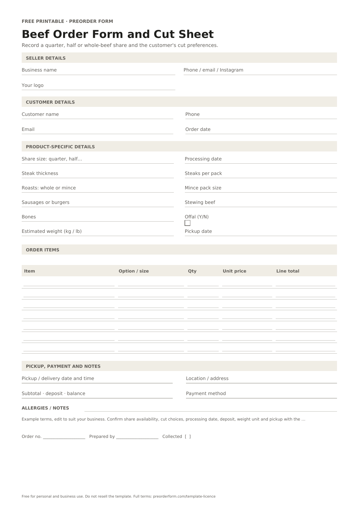 First-page preview of the free printable beef order form and cut sheet, including share size: quarter, half or whole, processing date, steak thickness and order details.