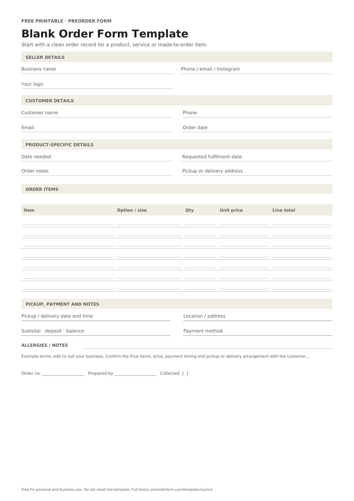 First-page preview of the free printable blank order form template, including date needed, requested fulfilment date, order notes and order details.