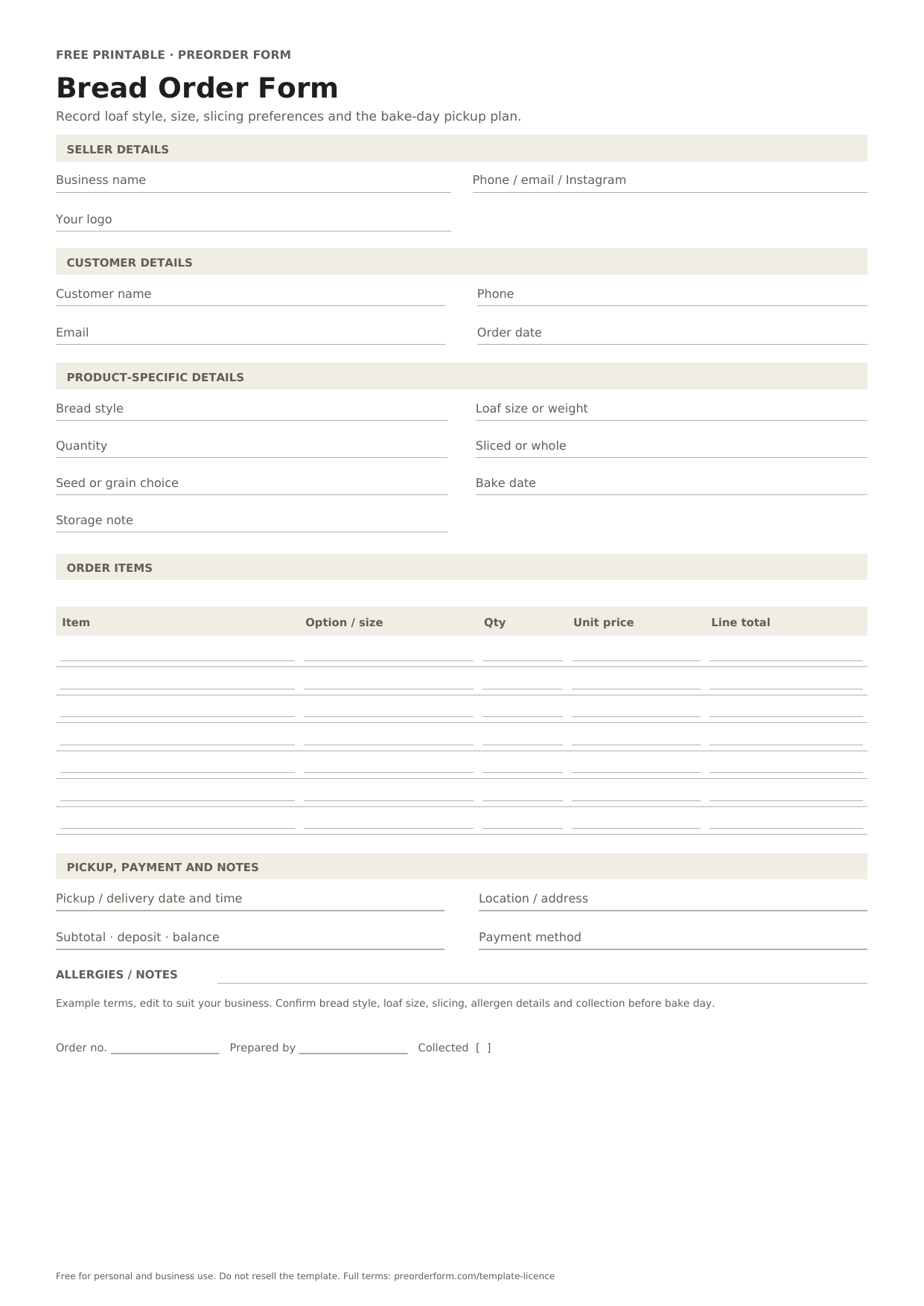 First-page preview of the free printable bread order form template, including bread style, loaf size or weight, quantity and order details.