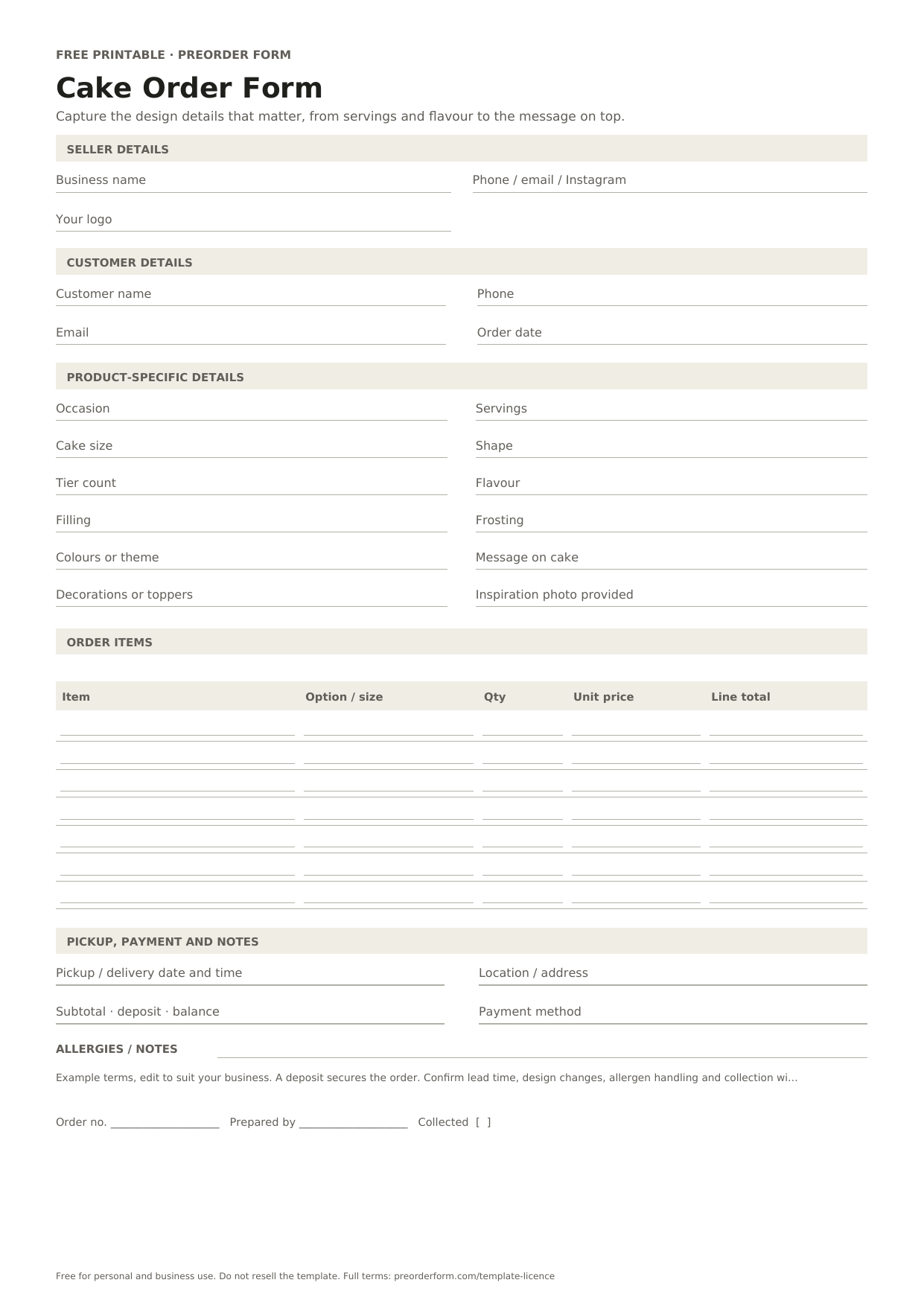 First-page preview of the free printable cake order form template, including occasion, servings, cake size and order details.