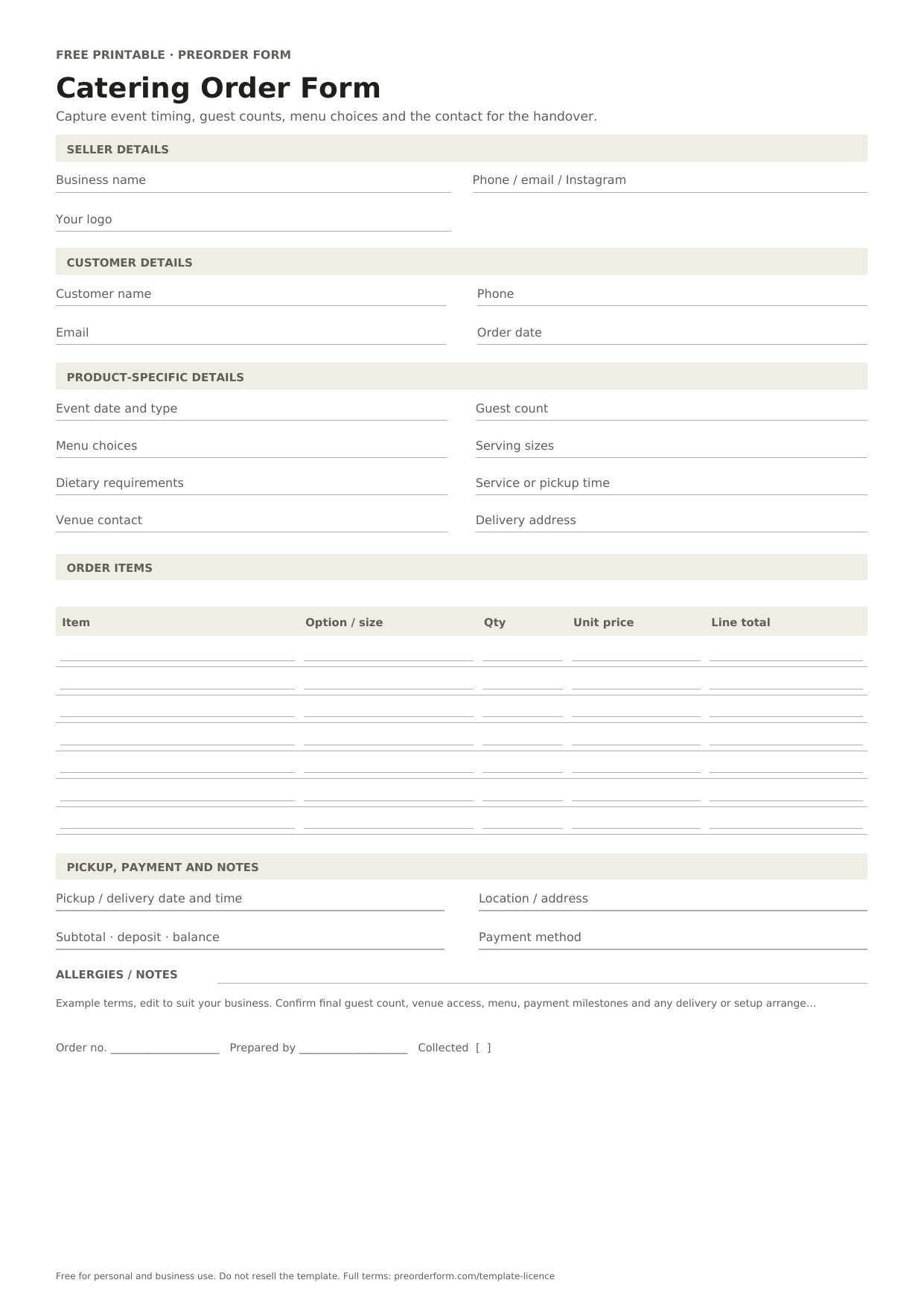 First-page preview of the free printable catering order form template, including event date and type, guest count, menu choices and order details.