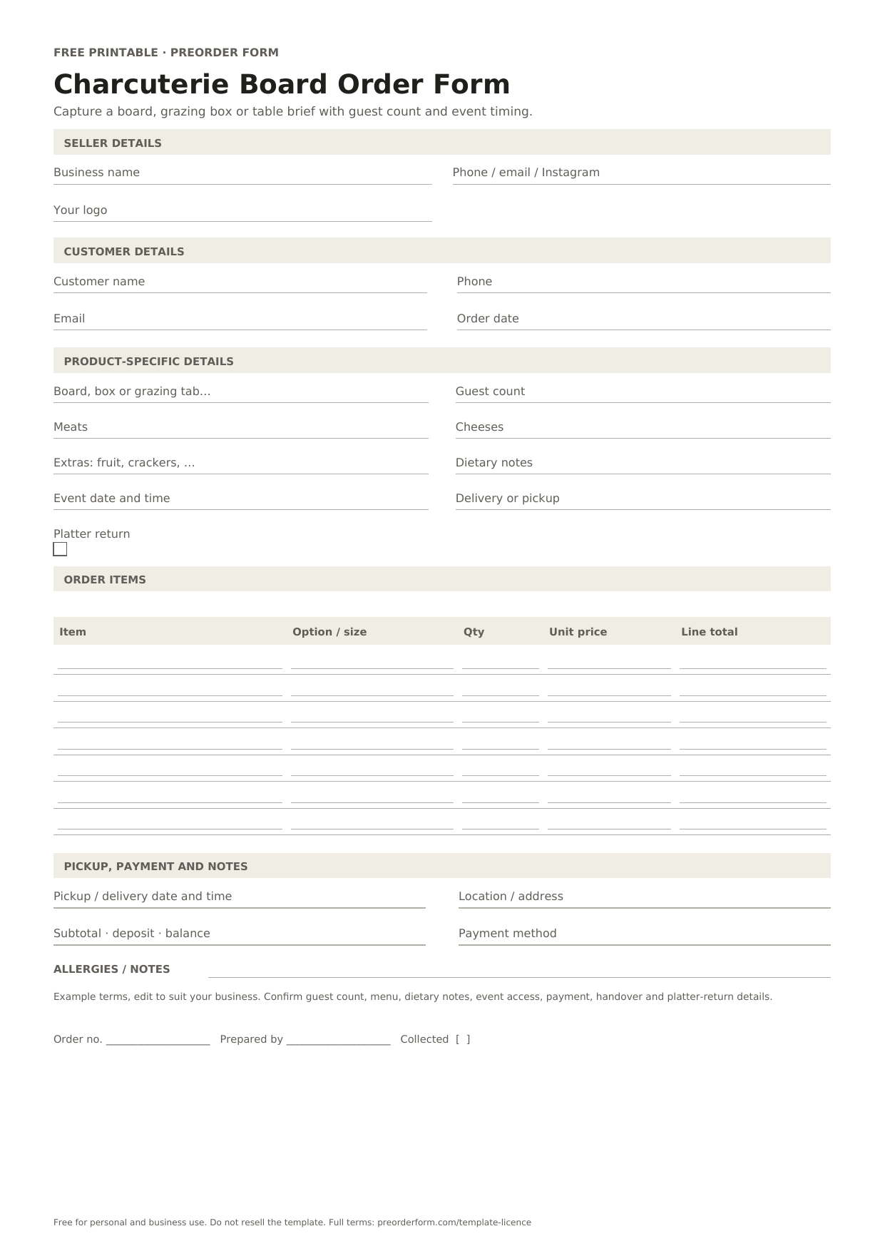 First-page preview of the free printable charcuterie board order form, including board, box or grazing table, guest count, meats and order details.
