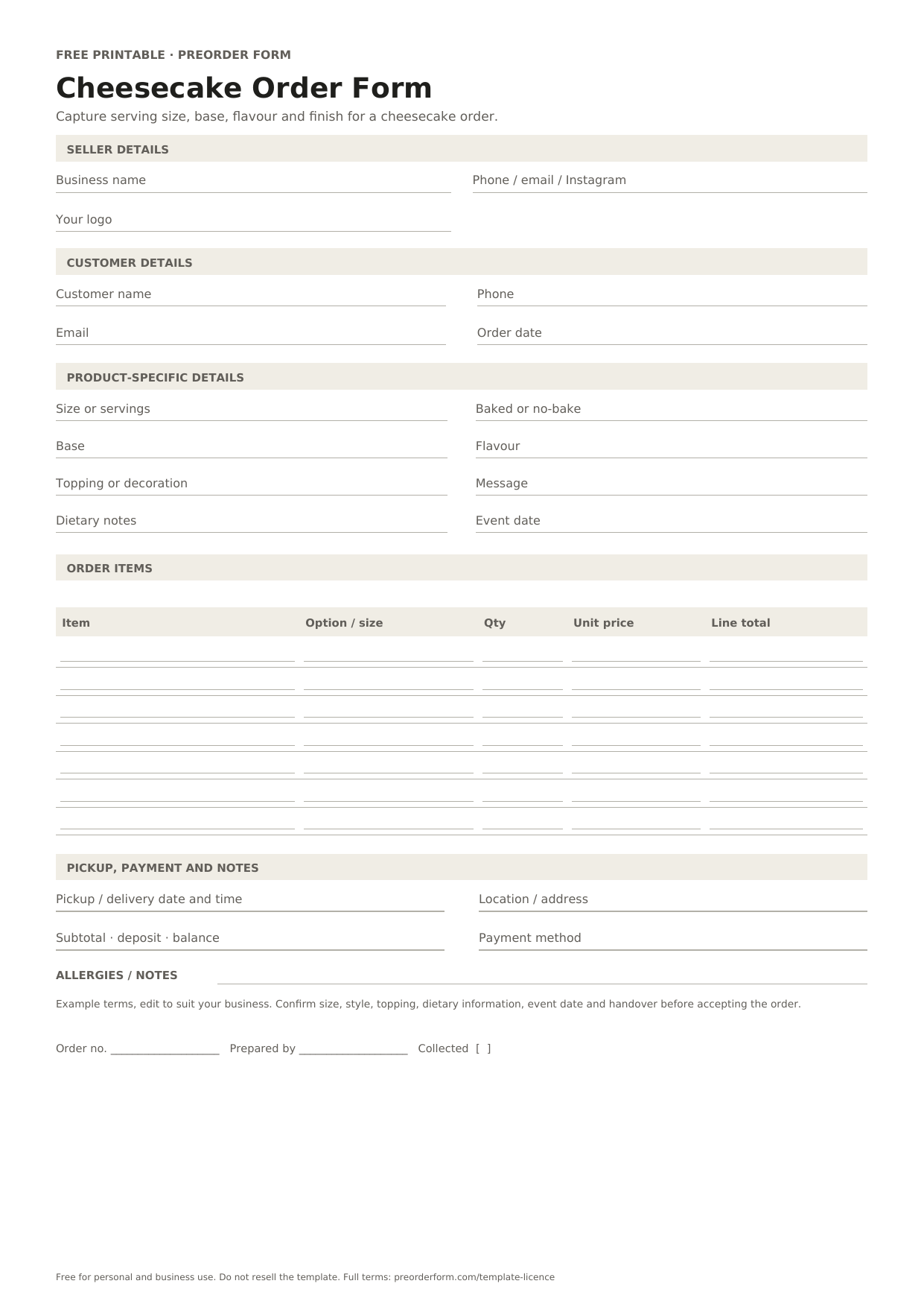 First-page preview of the free printable cheesecake order form, including size or servings, baked or no-bake, base and order details.