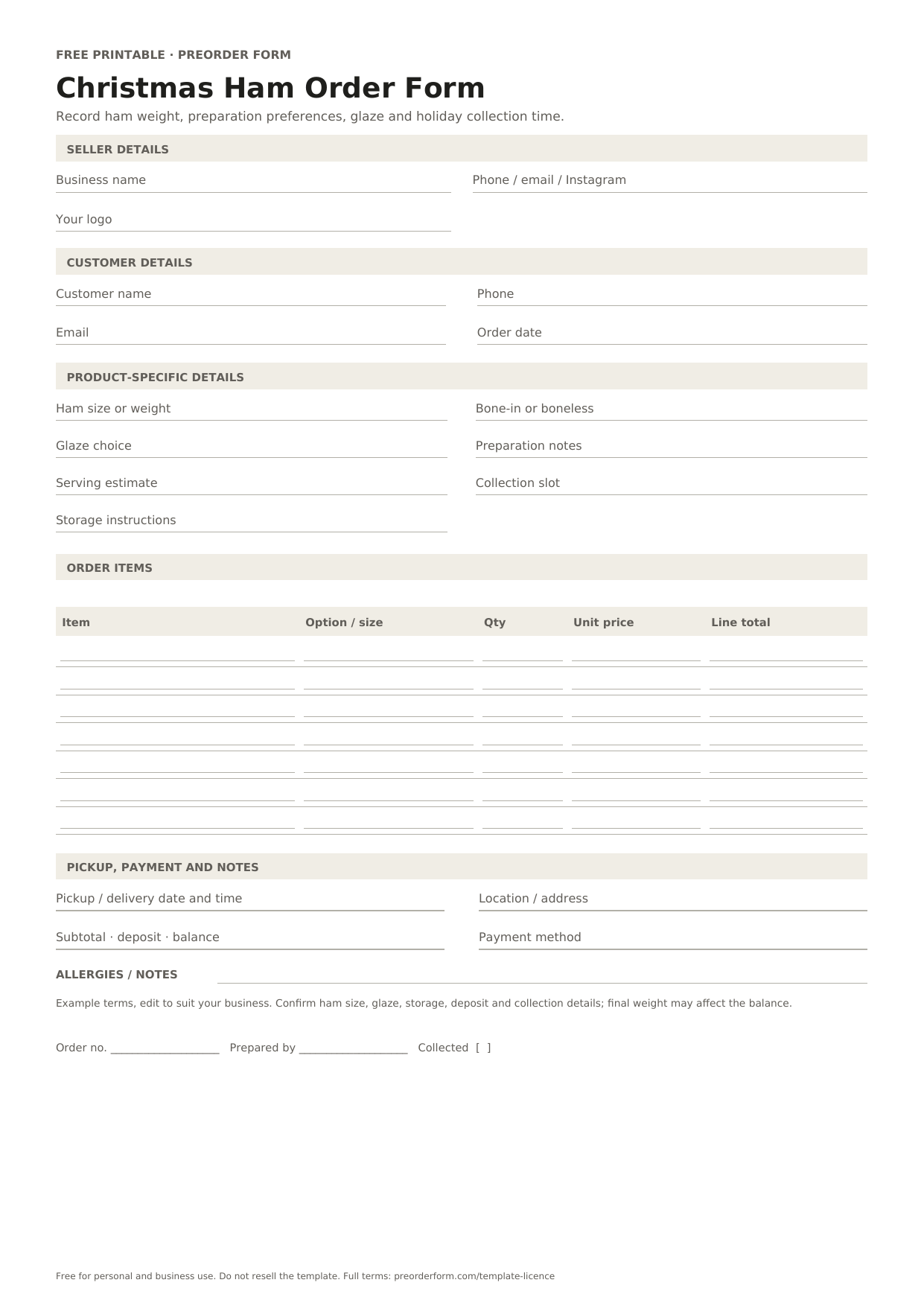 First-page preview of the free printable christmas ham order form, including ham size or weight, bone-in or boneless, glaze choice and order details.