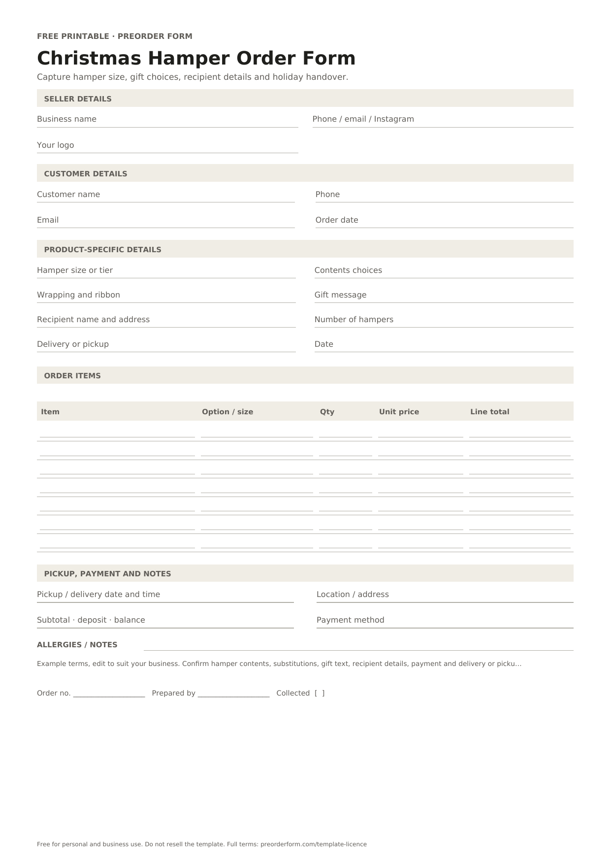 First-page preview of the free printable christmas hamper order form, including hamper size or tier, contents choices, wrapping and ribbon and order details.