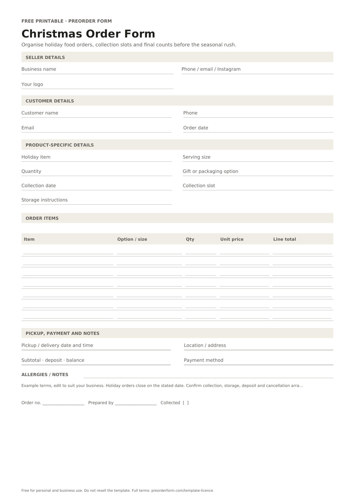 First-page preview of the free printable christmas order form template, including holiday item, serving size, quantity and order details.