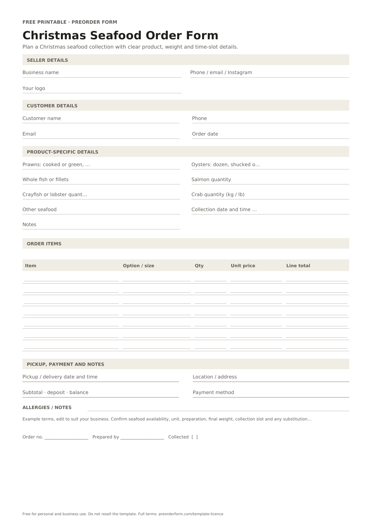 First-page preview of the free printable christmas seafood order form, including prawns: cooked or green, kg / lb, oysters: dozen, shucked or unshucked, whole fish or fillets and order details.
