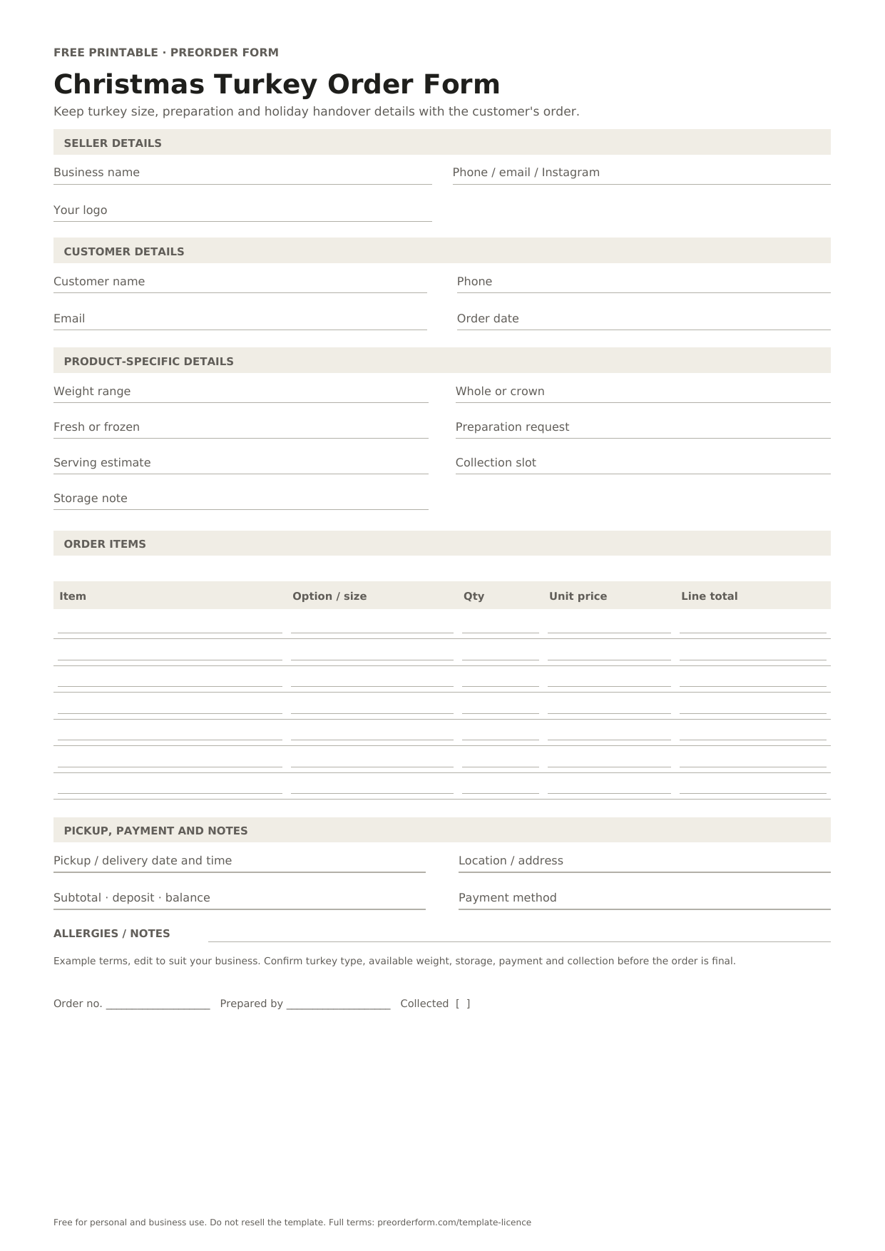 First-page preview of the free printable christmas turkey order form, including weight range, whole or crown, fresh or frozen and order details.