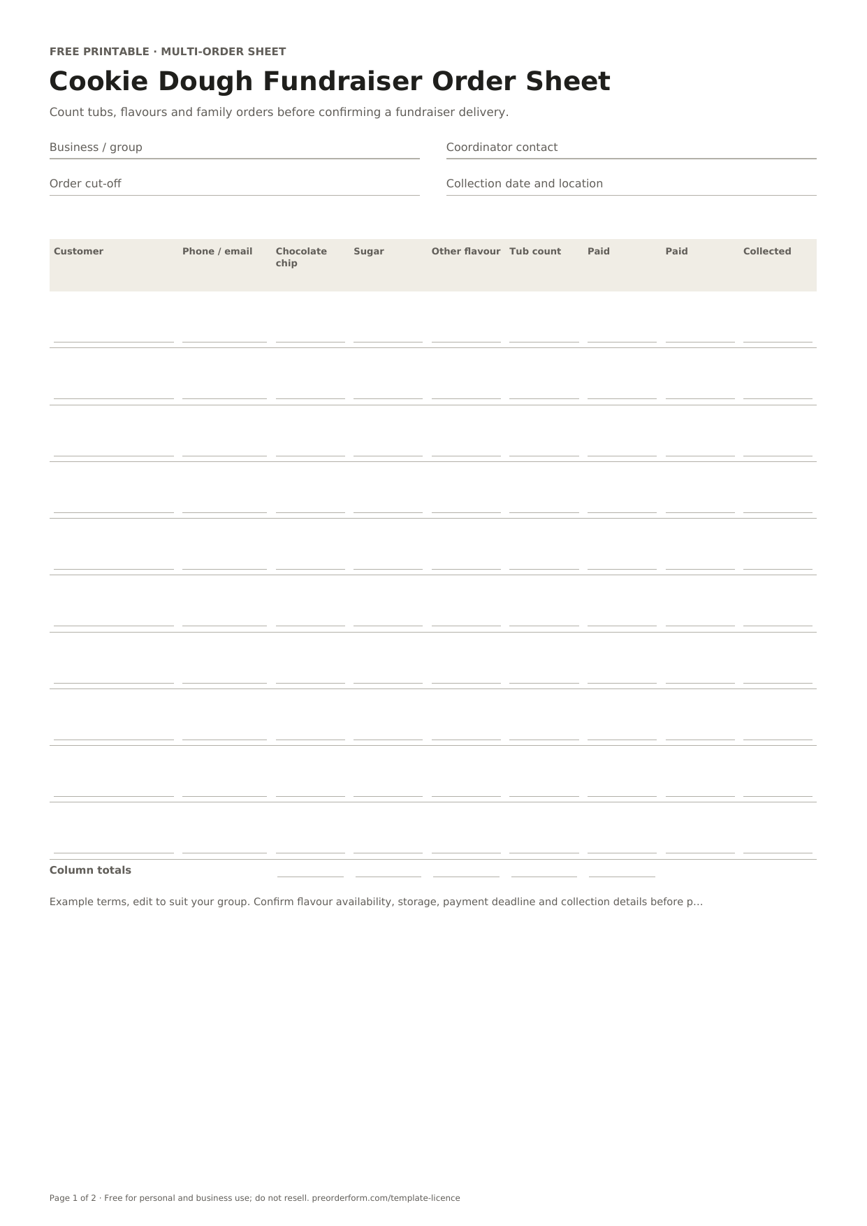 First-page preview of the free printable cookie dough fundraiser order form, including school or group, seller name, customer contact and order details.