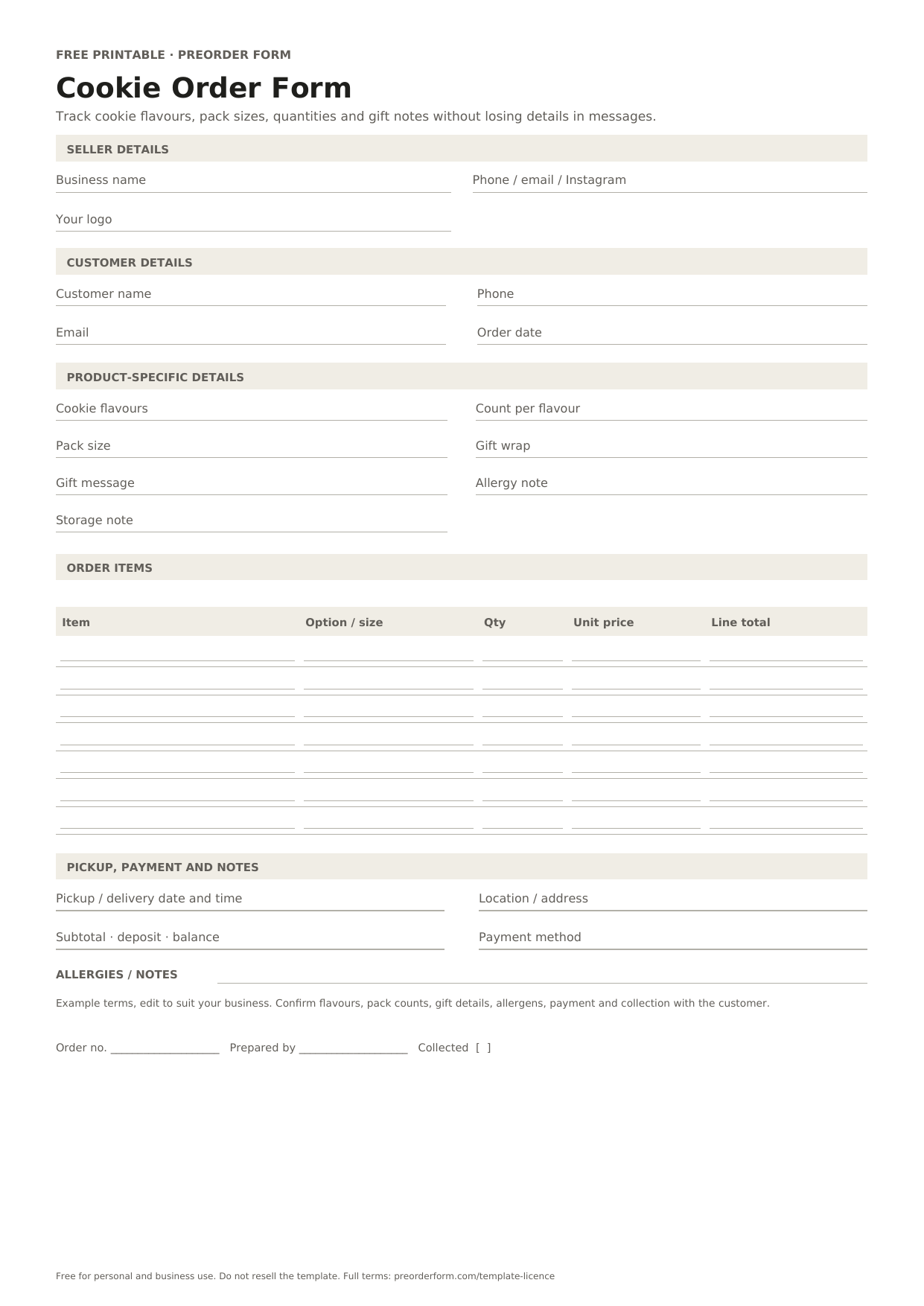 First-page preview of the free printable cookie order form template, including cookie flavours, count per flavour, pack size and order details.
