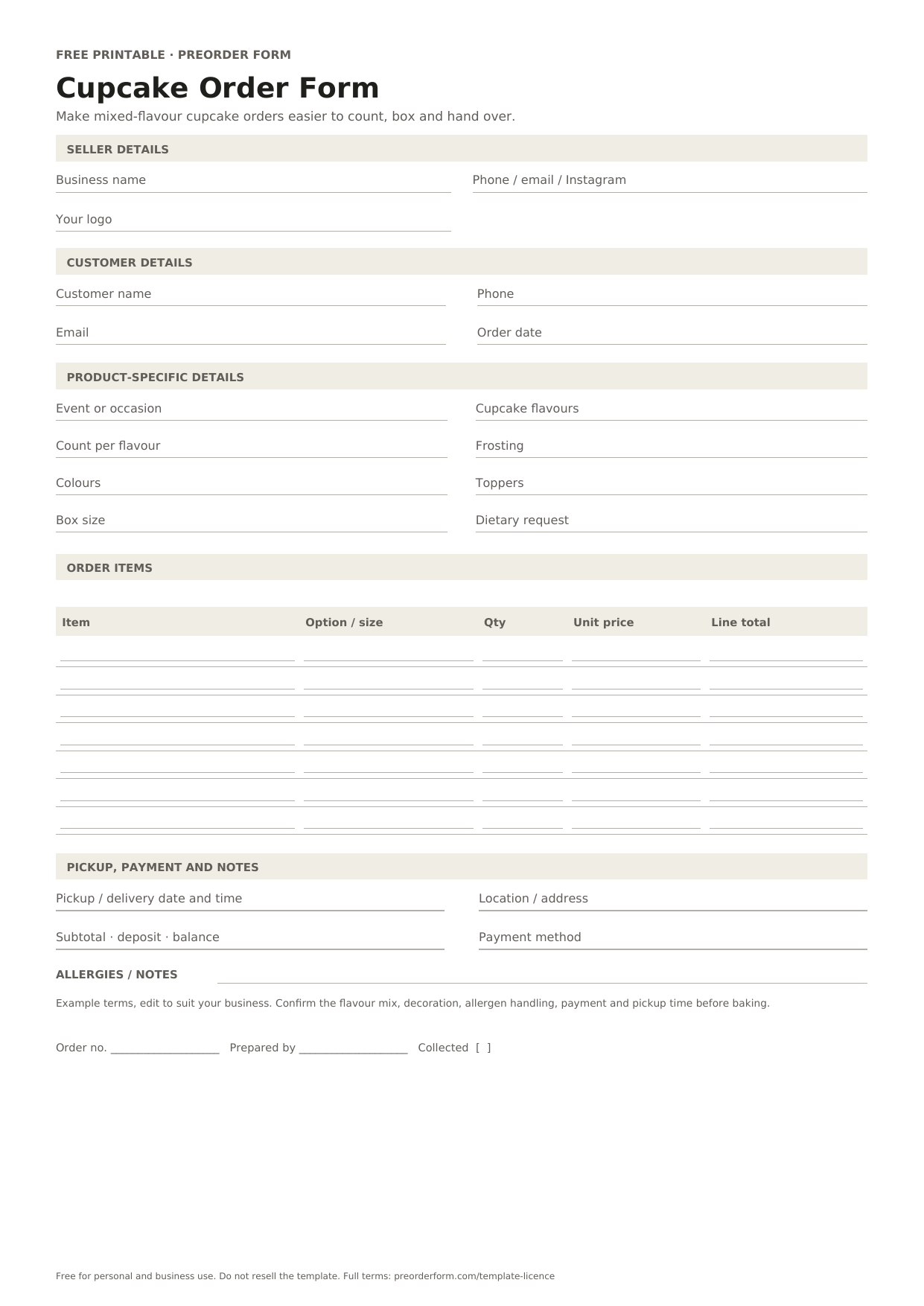 First-page preview of the free printable cupcake order form template, including event or occasion, cupcake flavours, count per flavour and order details.