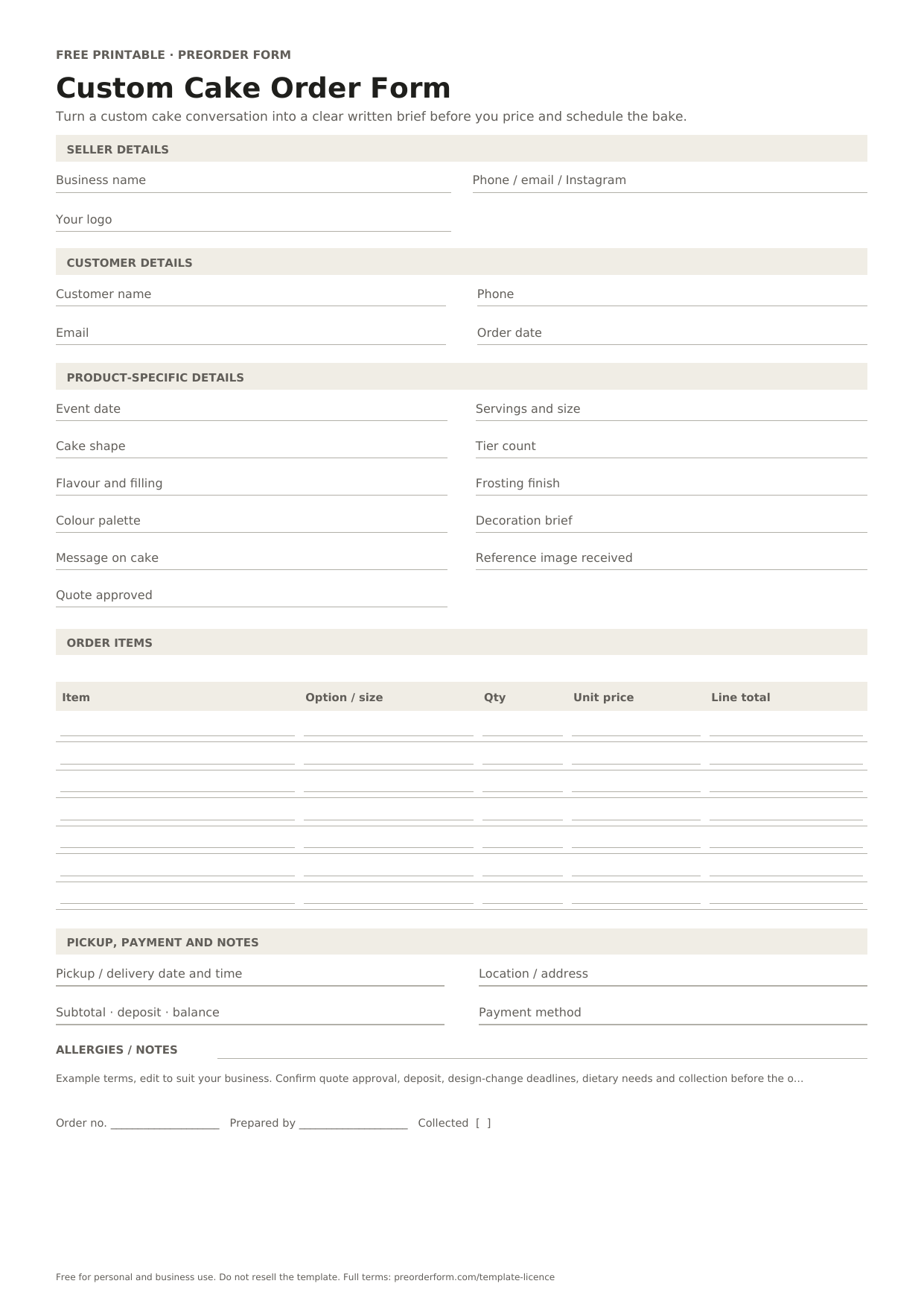 First-page preview of the free printable custom cake order form, including event date, servings and size, cake shape and order details.