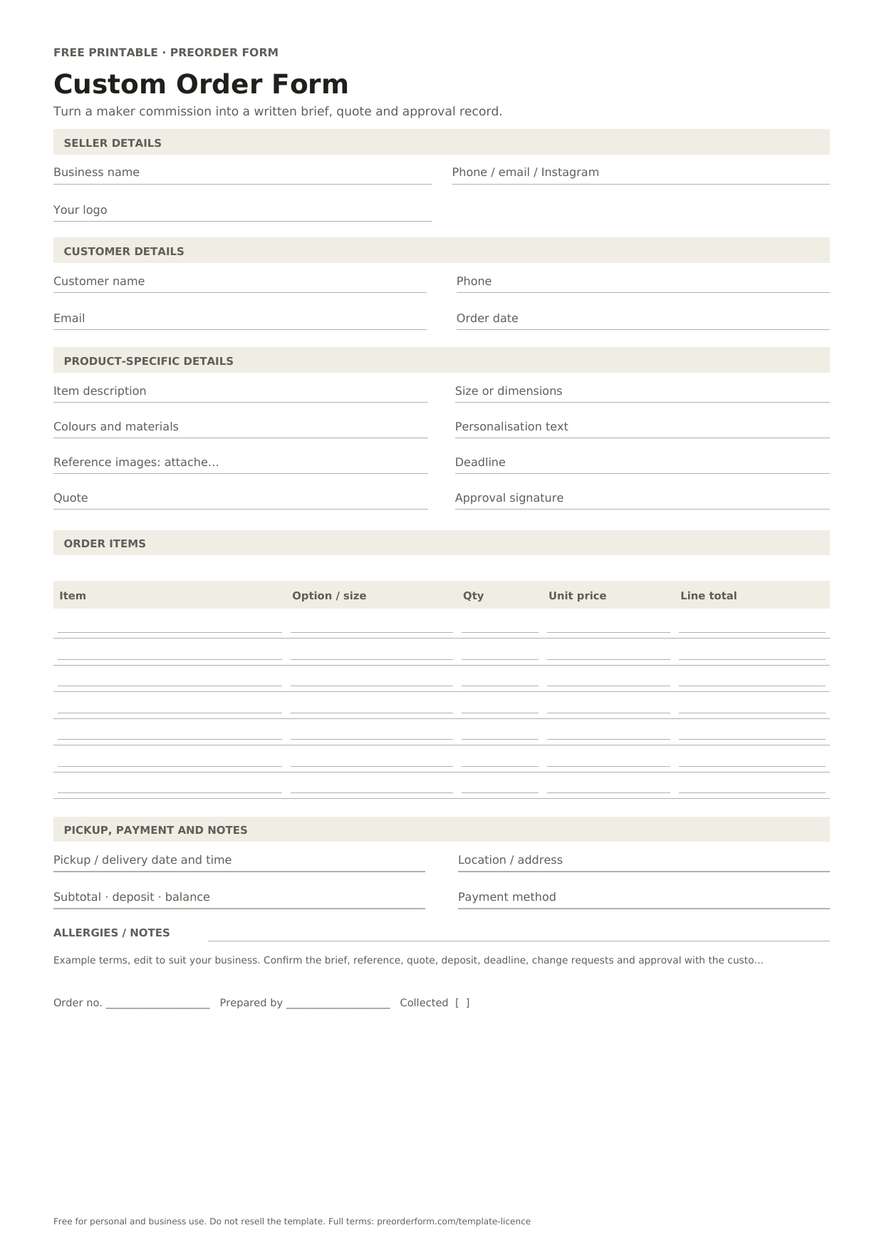 First-page preview of the free printable custom order form, including item description, size or dimensions, colours and materials and order details.
