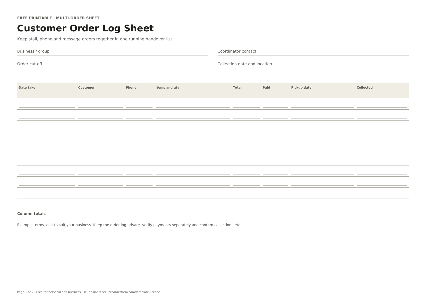 First-page preview of the free printable customer order log sheet, including date taken, customer name, phone and order details.