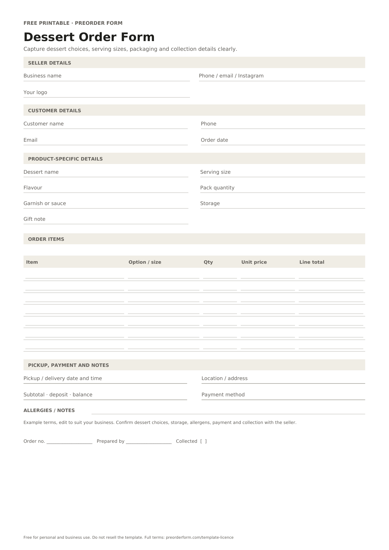 First-page preview of the free printable dessert order form template, including dessert name, serving size, flavour and order details.