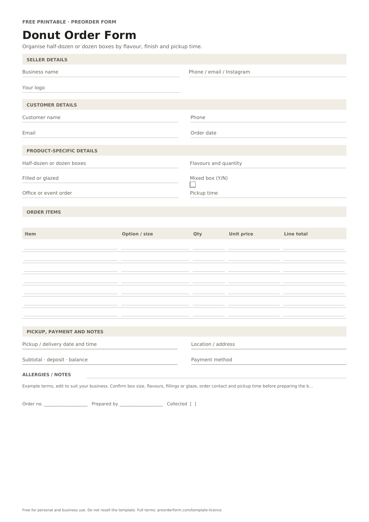 First-page preview of the free printable donut order form, including half-dozen or dozen boxes, flavours and quantity, filled or glazed and order details.