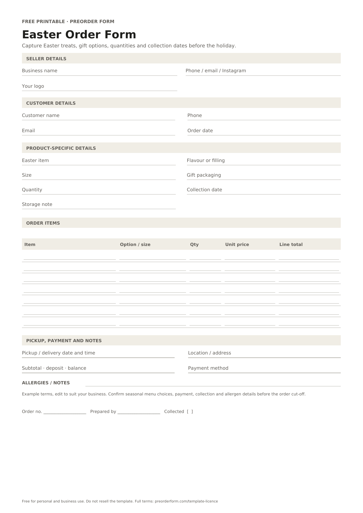 First-page preview of the free printable easter order form template, including easter item, flavour or filling, size and order details.