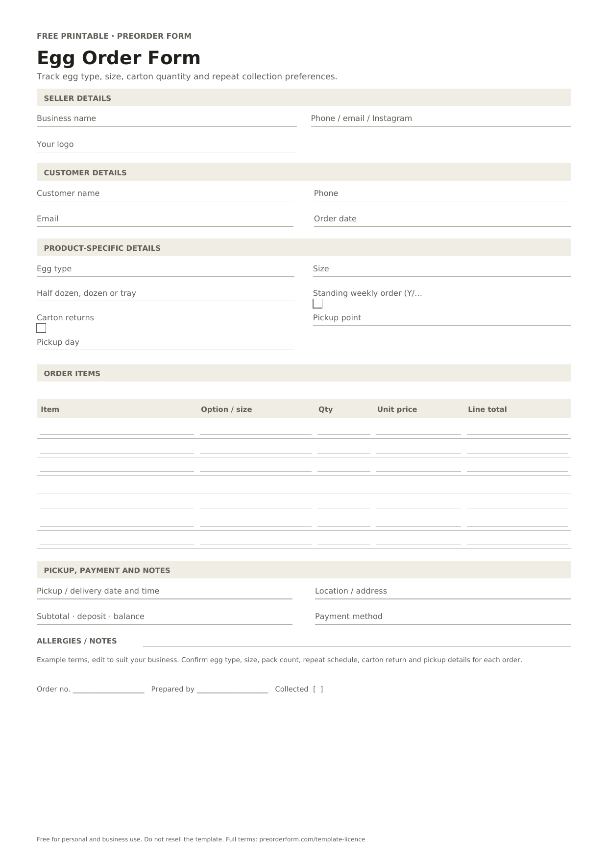 First-page preview of the free printable egg order form, including egg type, size, half dozen, dozen or tray and order details.