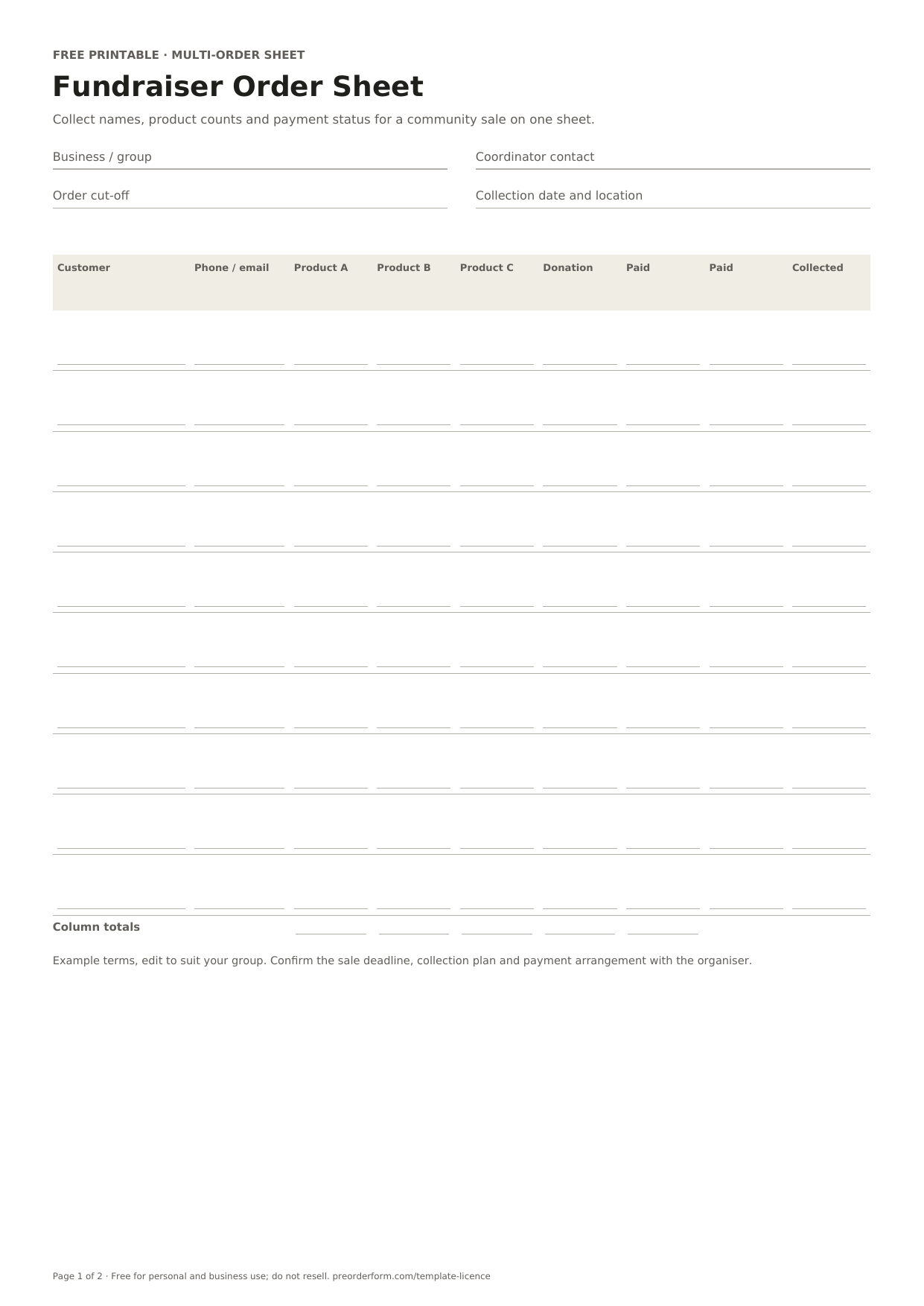 First-page preview of the free printable fundraiser order form template, including group or cause, sale deadline, collection date and order details.