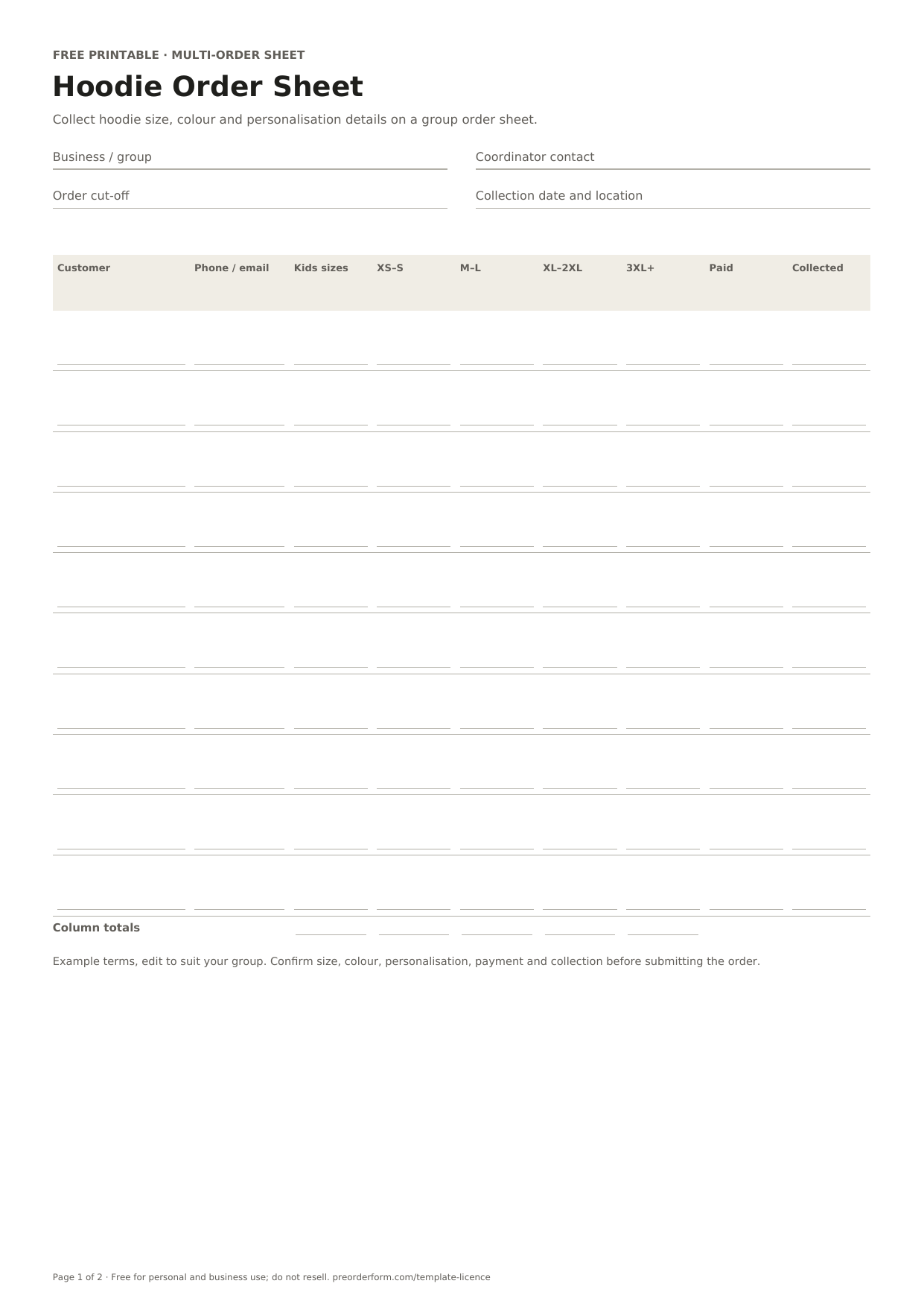 First-page preview of the free printable hoodie order form template, including team or organisation, hoodie style, colour and order details.