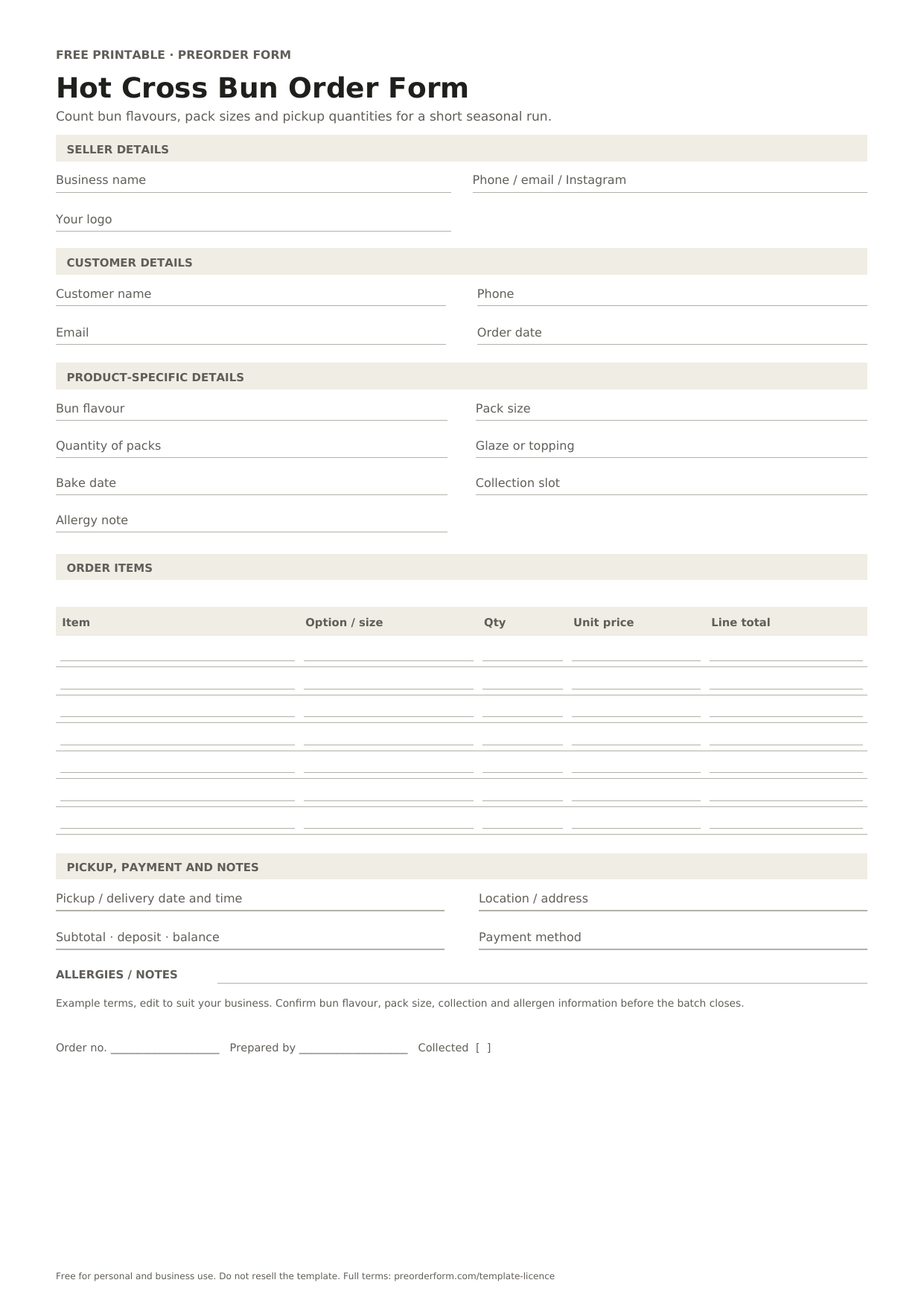 First-page preview of the free printable hot cross bun order form, including bun flavour, pack size, quantity of packs and order details.