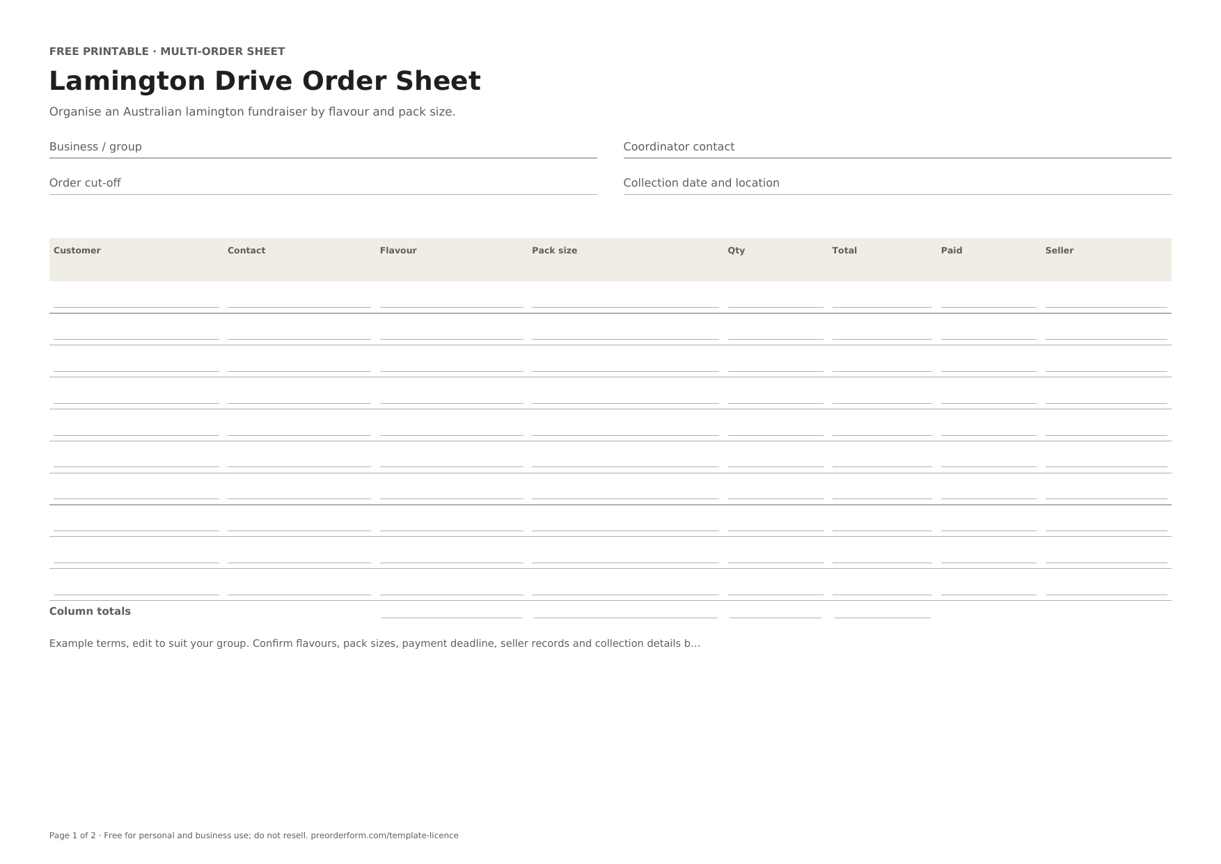 First-page preview of the free printable lamington drive order form, including customer, contact, flavour and order details.