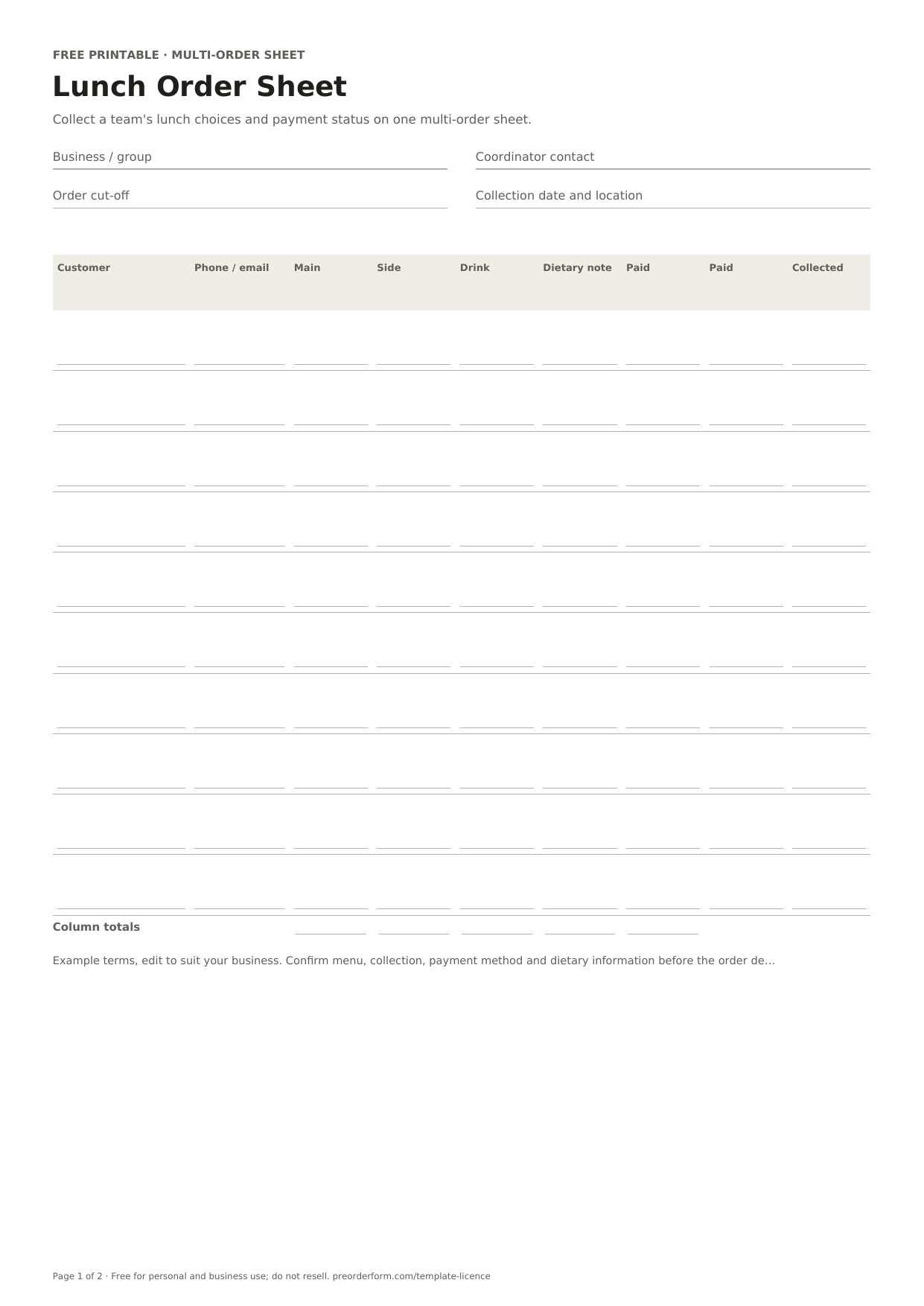First-page preview of the free printable lunch order form template, including collection date, group or event, order contact and order details.
