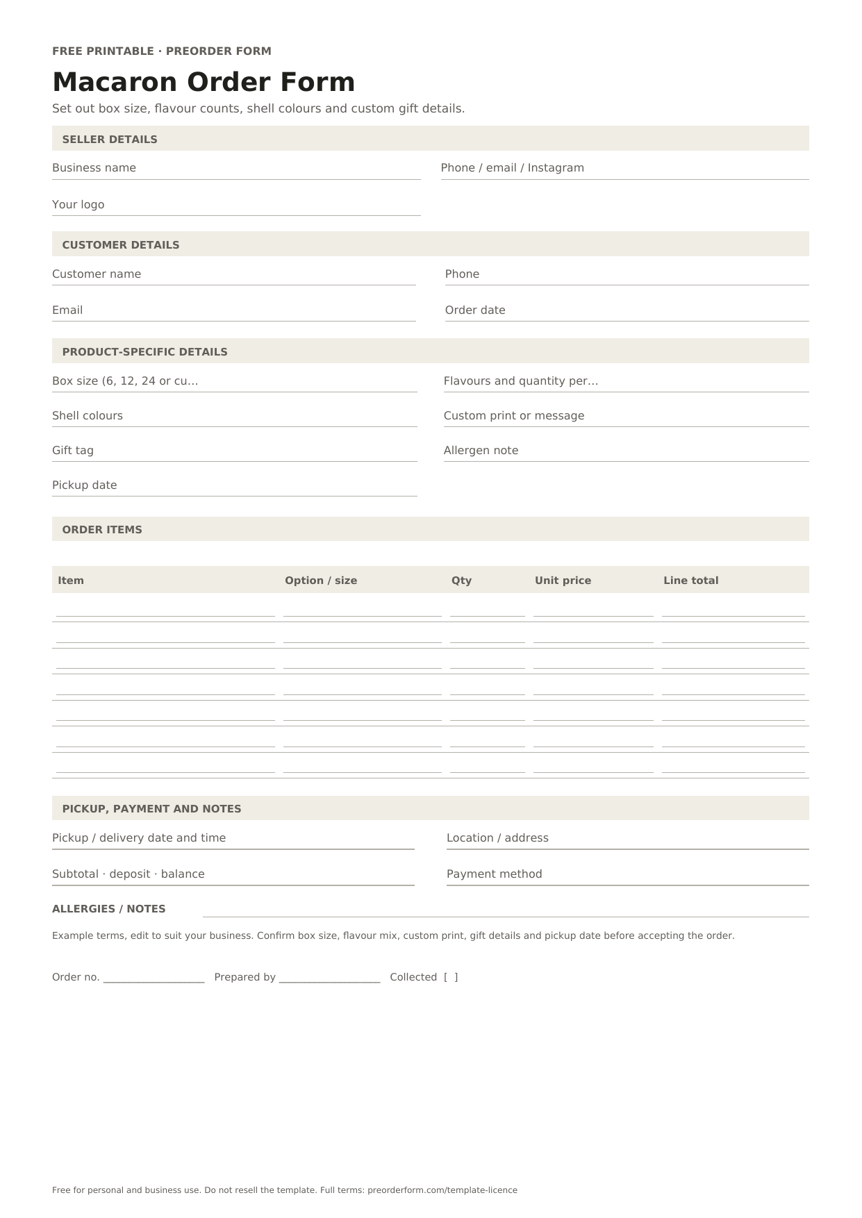 First-page preview of the free printable macaron order form, including box size (6, 12, 24 or custom), flavours and quantity per flavour, shell colours and order details.