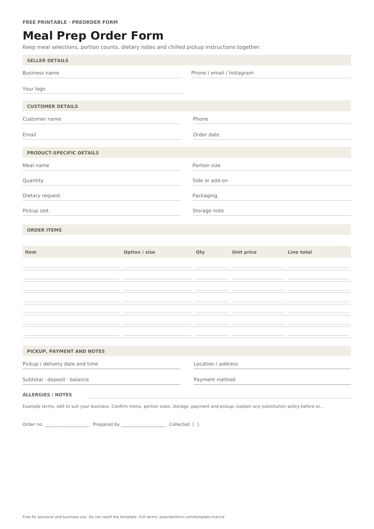 First-page preview of the free printable meal prep order form template, including meal name, portion size, quantity and order details.