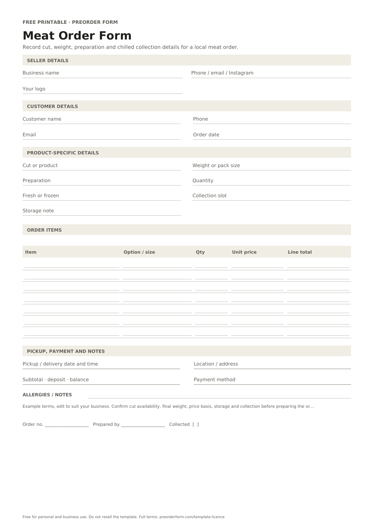 First-page preview of the free printable meat order form template, including cut or product, weight or pack size, preparation and order details.