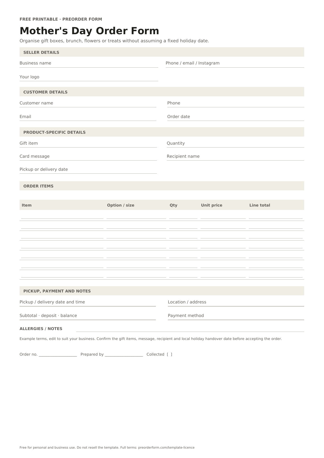 First-page preview of the free printable mother's day order form, including gift item, quantity, card message and order details.