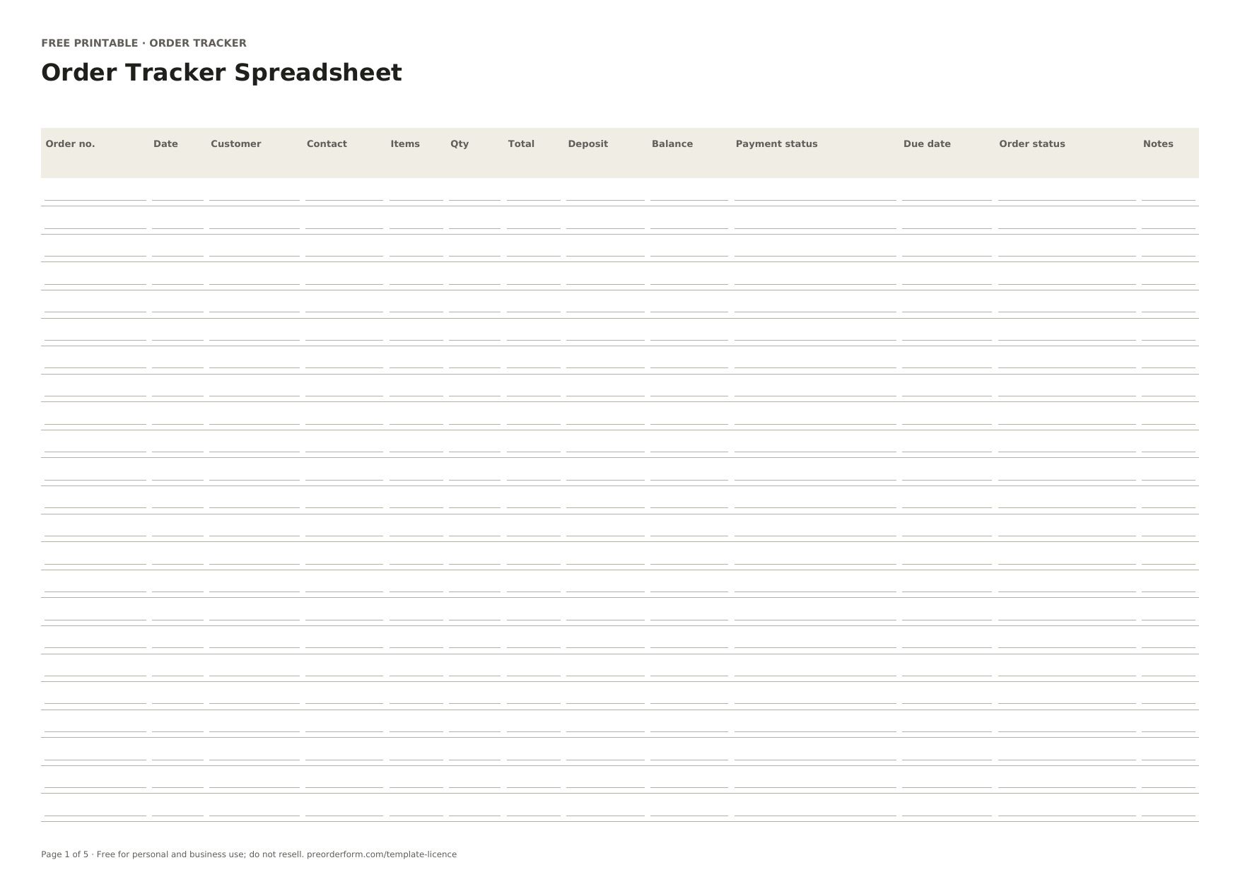 First-page preview of the free printable order tracker spreadsheet, including order number, date, customer and order details.