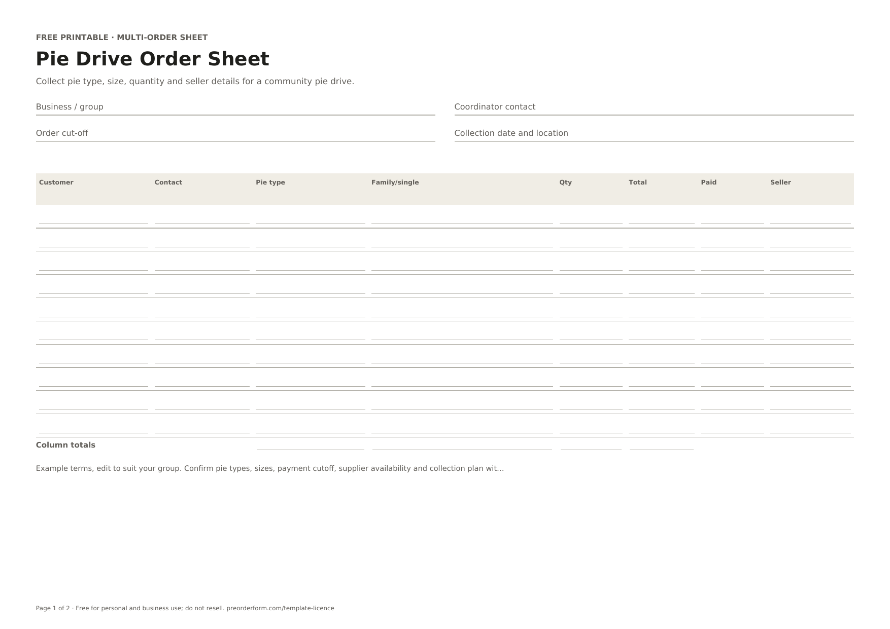 First-page preview of the free printable pie drive order form, including customer, contact, pie type and order details.