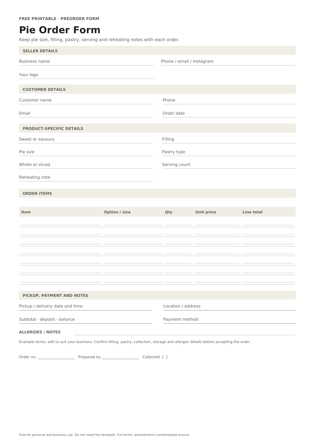 First-page preview of the free printable pie order form template, including sweet or savoury, filling, pie size and order details.