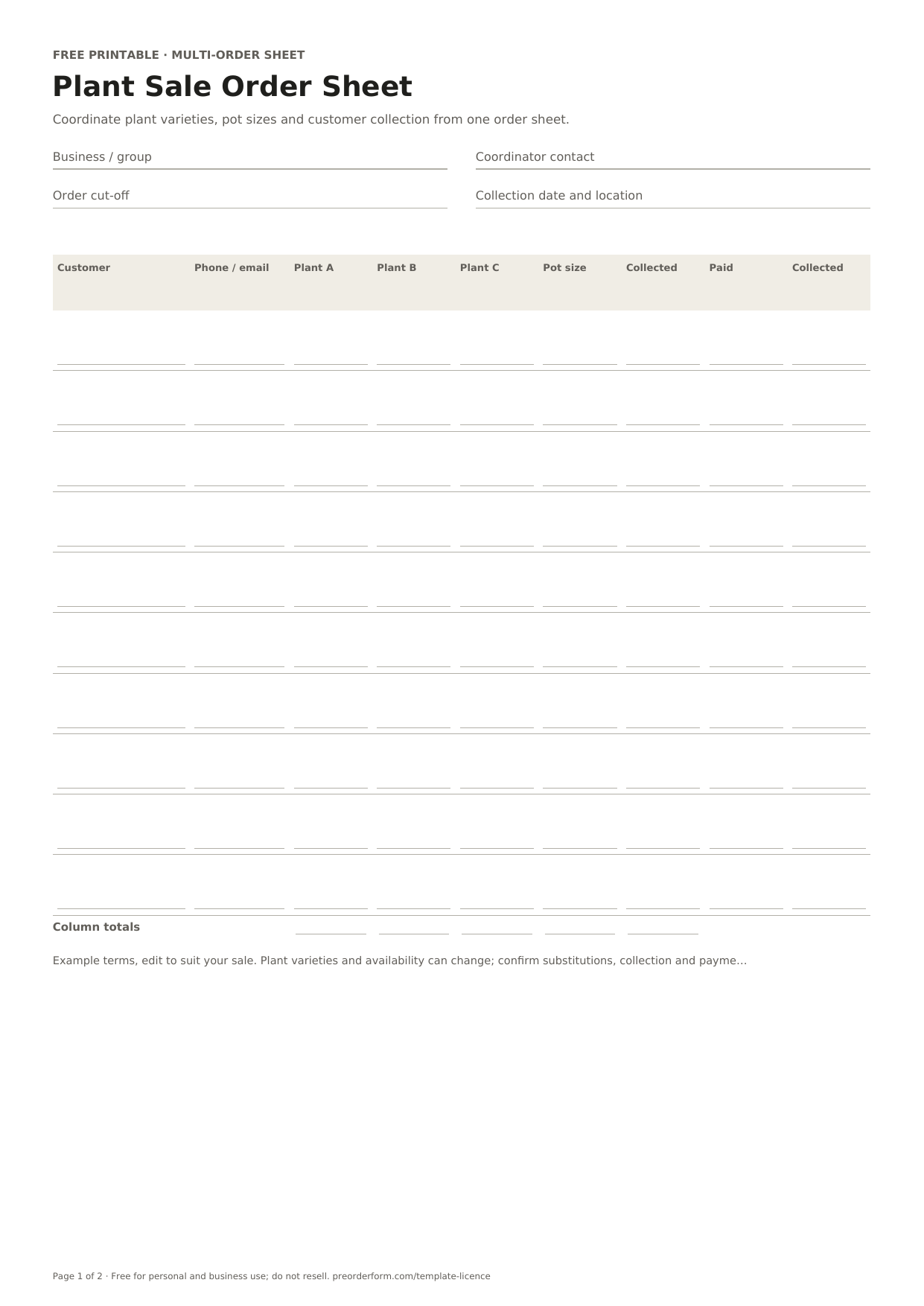 First-page preview of the free printable plant sale order form, including sale date, plant variety, pot size and order details.