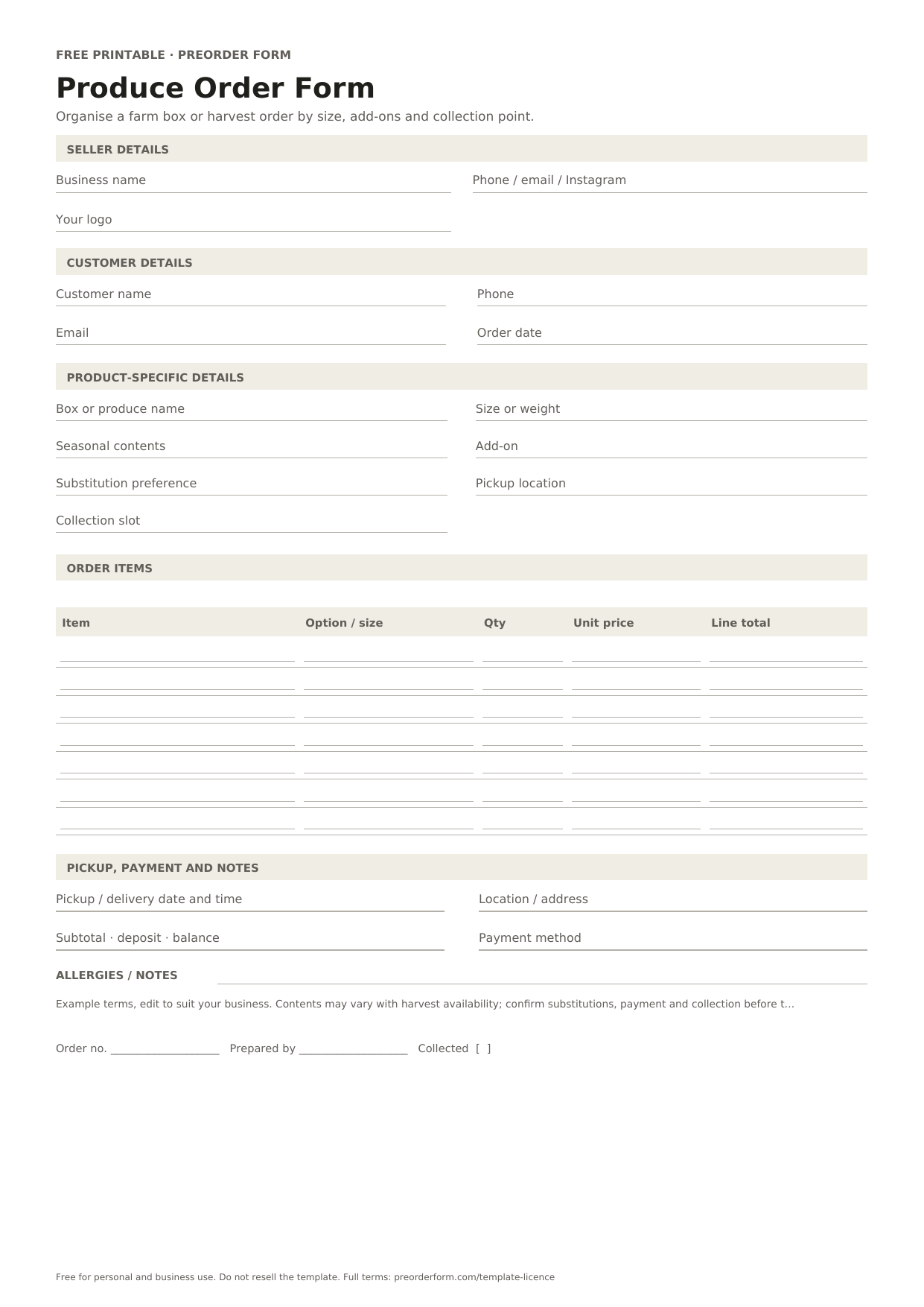 First-page preview of the free printable produce order form template, including box or produce name, size or weight, seasonal contents and order details.