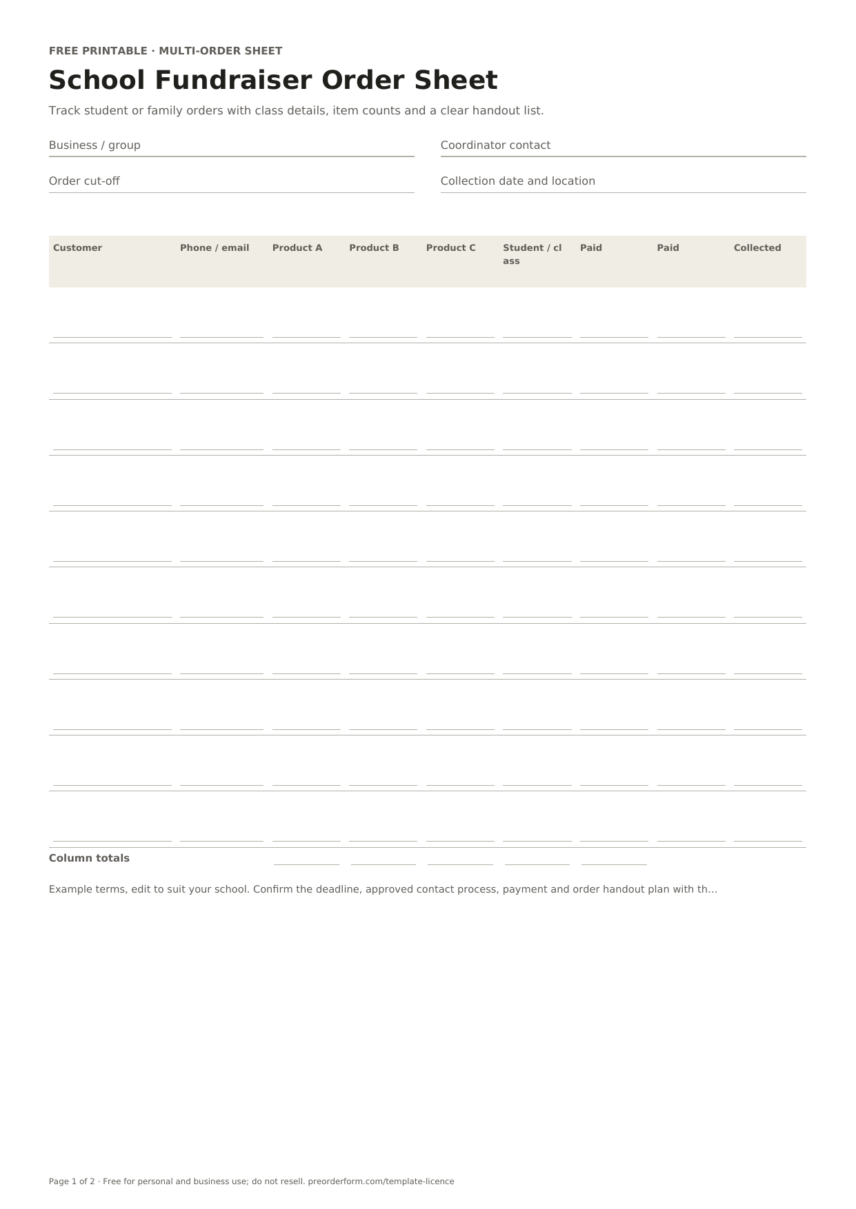 First-page preview of the free printable school fundraiser order form, including school or class, student name, family contact and order details.