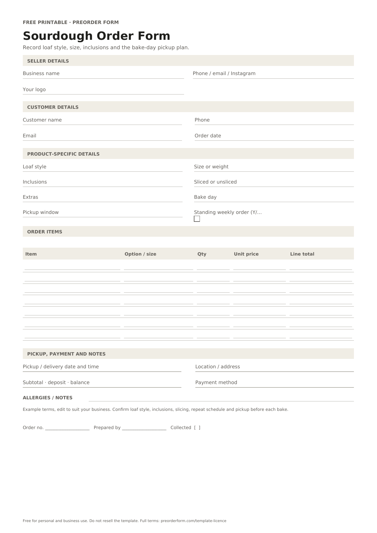 First-page preview of the free printable sourdough order form, including loaf style, size or weight, inclusions and order details.