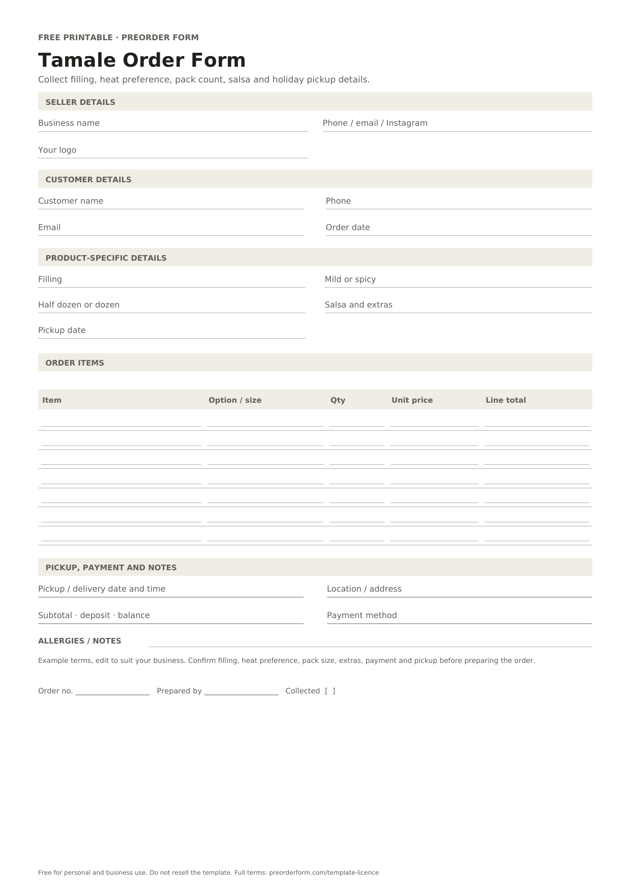 First-page preview of the free printable tamale order form, including filling, mild or spicy, half dozen or dozen and order details.