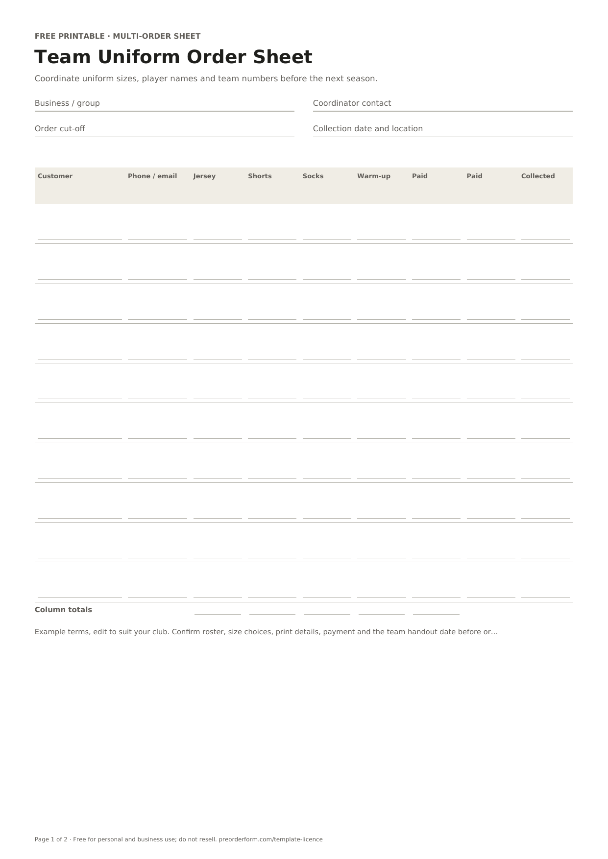 First-page preview of the free printable team uniform order form, including club or team, player name, jersey number and order details.