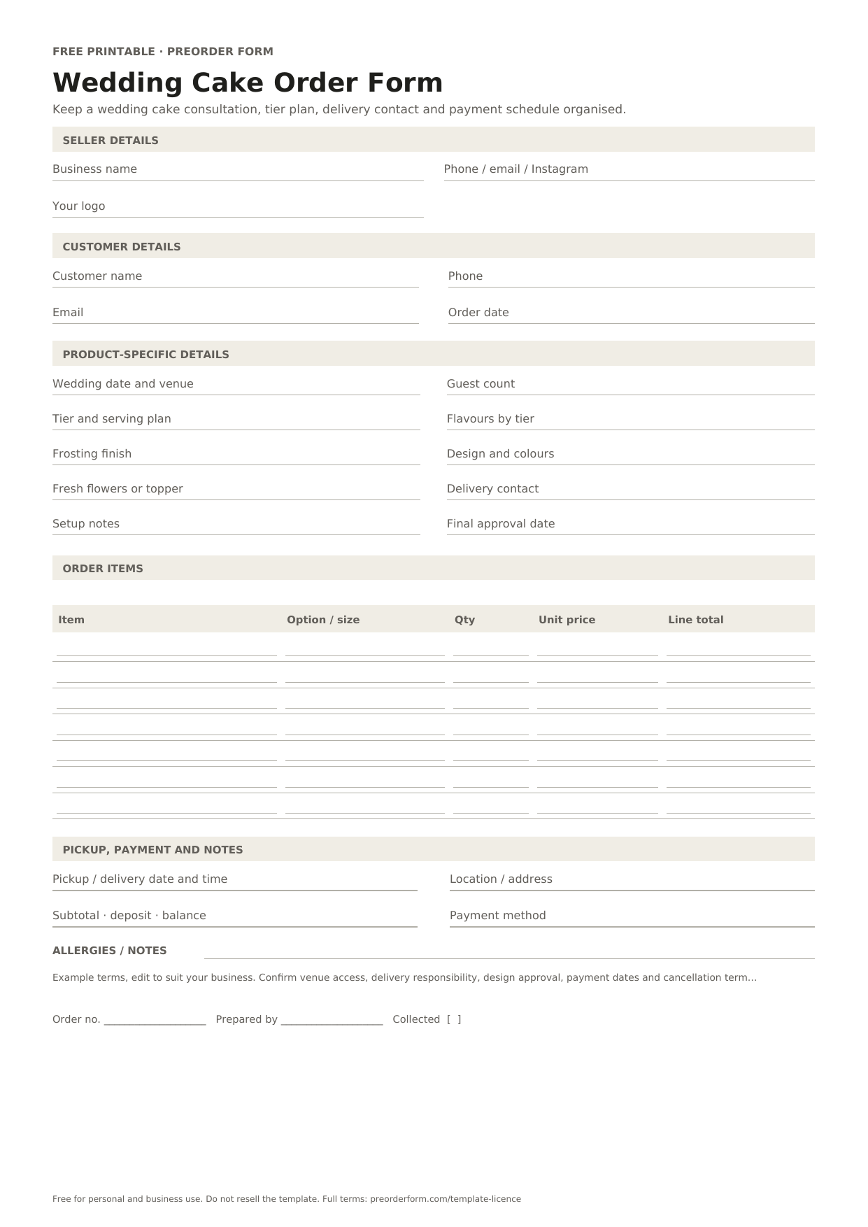 First-page preview of the free printable wedding cake order form, including wedding date and venue, guest count, tier and serving plan and order details.