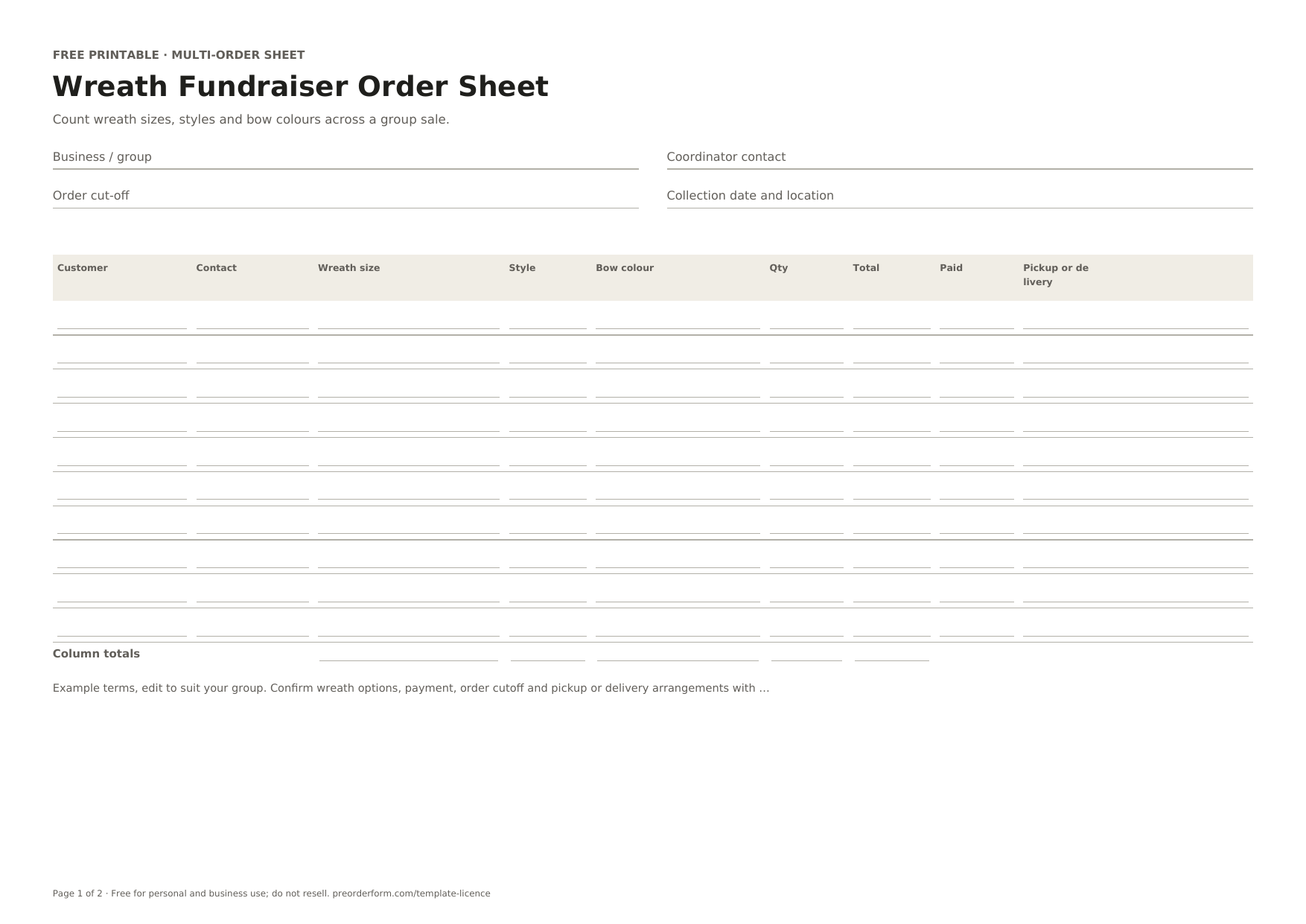 First-page preview of the free printable wreath fundraiser order form, including customer, contact, wreath size and order details.